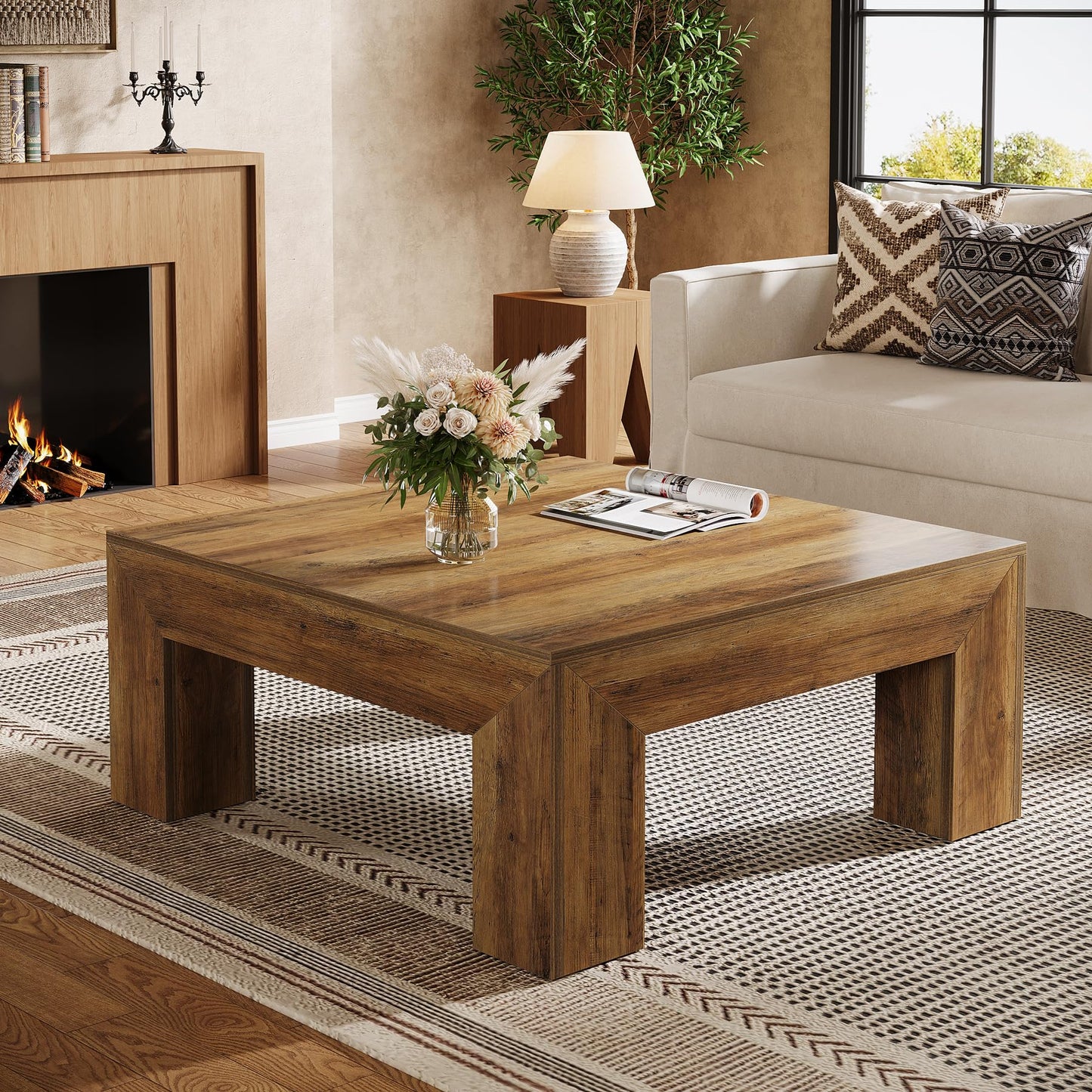 Tribesigns Coffee Table, Square Living Room Table, Coffee Table with Sturdy Wooden Feet for Couch Bedroom, 100 x 100 x 50 cm, Rustic Brown