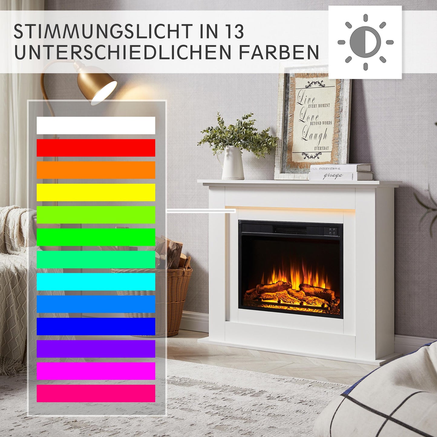 BALDERIA Finn Electric Fireplace, Electric Standing Fireplace, 3D Flame Effect, LED Ambient Lighting, Heating 2000 W, Timer, Thermostat, Start Control, Open Window Battery, Remote Control, Dark Oak