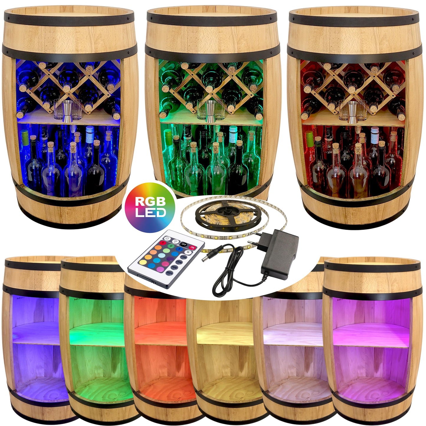 weeco Wooden Barrel with Wine Holder RGB LED Lighting - Wine Rack - Rustic Decorative Bar Cabinet Wine Stand - Draught Beer, Whisky Bar Bottle Stand. Home Bar Gift for Men (Dark Brown)