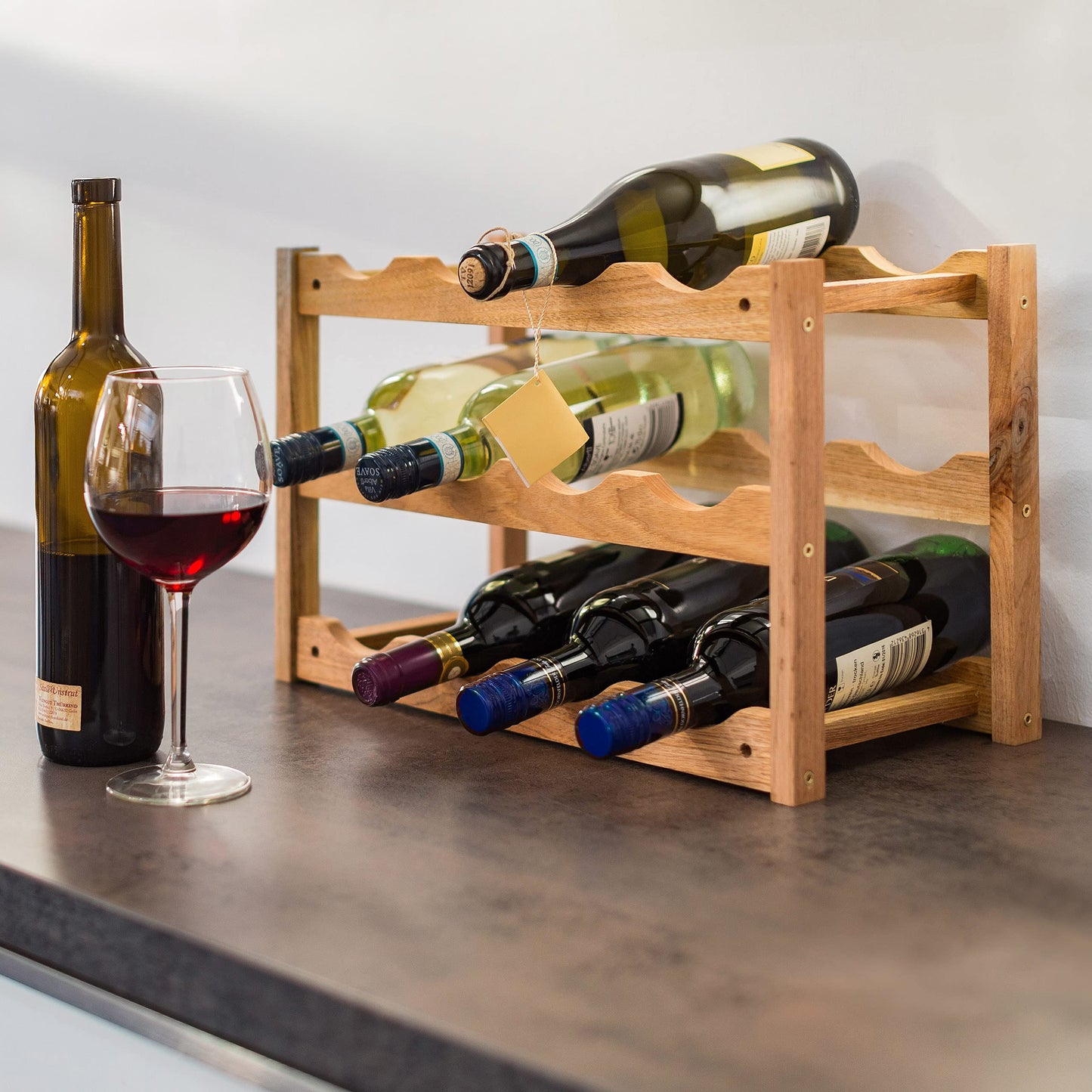 Relaxdays Free Rack: 28 x 42.5 x 21 cm Wooden Stand with Three Shelves for 12, Small Wine Bottle Holder Made Out of Oiled Walnut for Horizontal Storage, Wood, Natural Brown, 42 x 21 x 28 cm