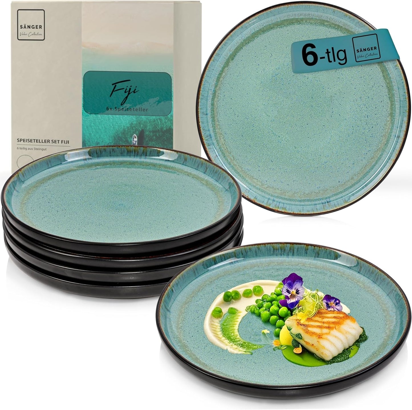 SÄNGER Manila Dinner Service for 6 People, Plate Set, Coffee Mug, Pasta Bowl, 30 Pieces, Stoneware Crockery Set, Dishwasher, Microwave, Scratch-Resistant, Blue with Black Rim, Value Collection