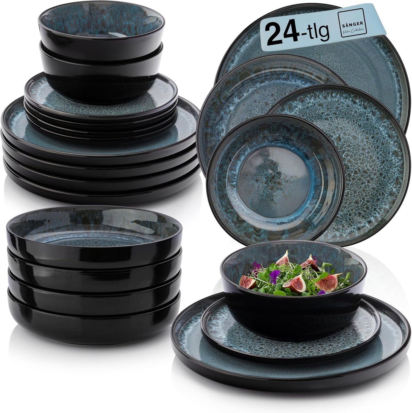 SÄNGER Manila Dinner Service for 6 People, Plate Set, Coffee Mug, Pasta Bowl, 30 Pieces, Stoneware Crockery Set, Dishwasher, Microwave, Scratch-Resistant, Blue with Black Rim, Value Collection