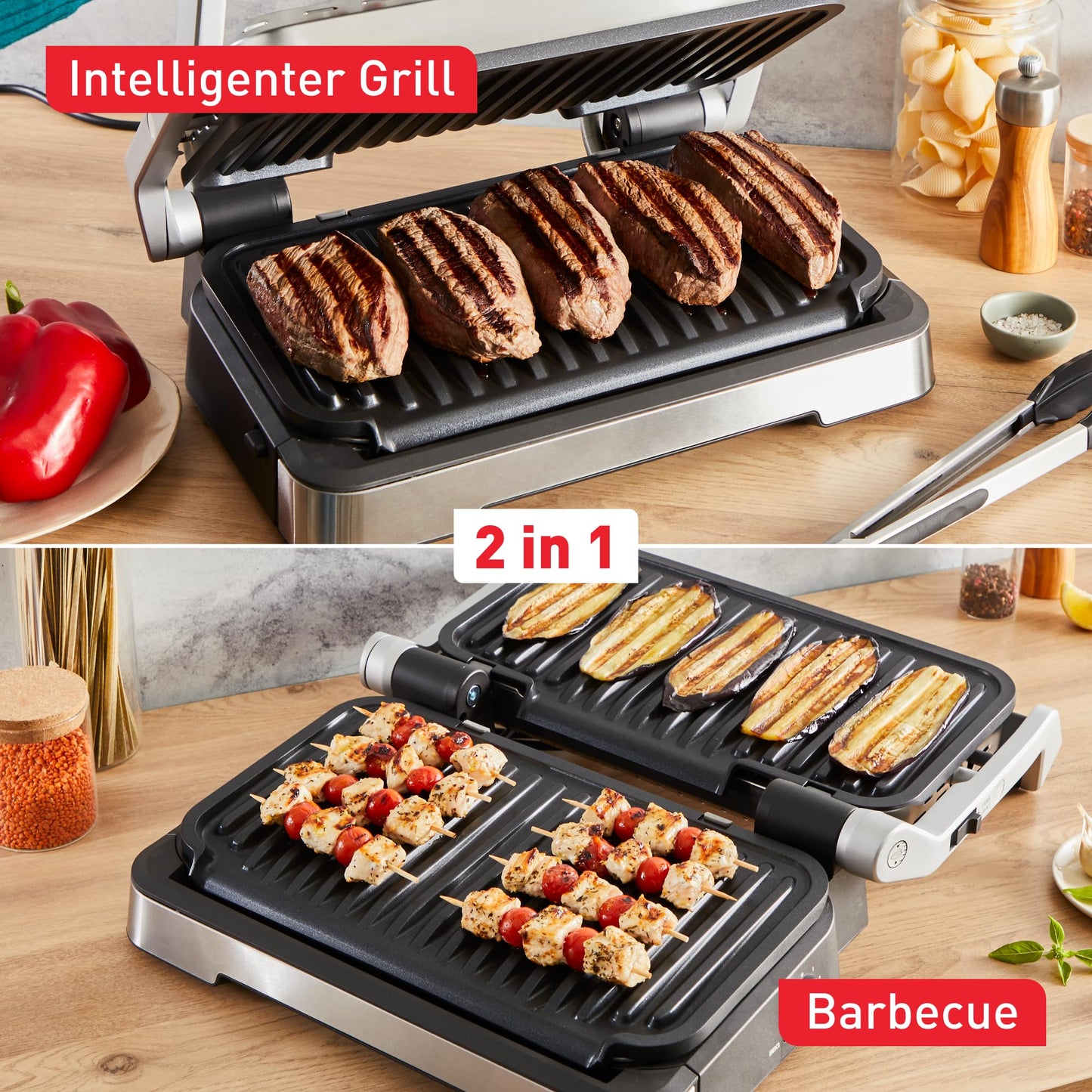 Tefal OptiGrill Elite XL Kontaktgrill, 16 Programme, Digitales Display mit Garstufenanzeige, abnehmbare XL-Platten, Grillboost-Funktion, intuitive Bedienung, Elektrogrill, Edelstahl, GC760D12