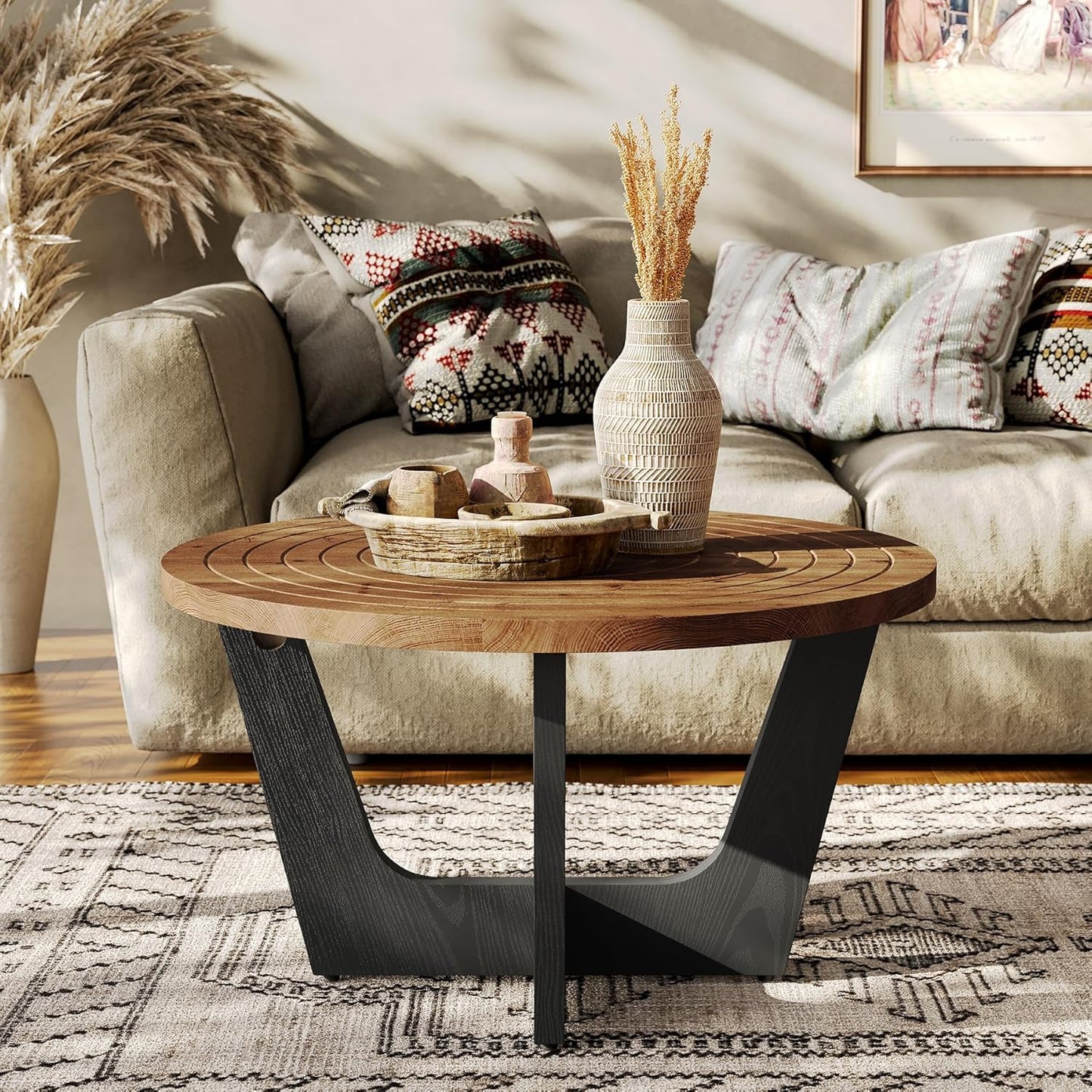 Round Solid Wood Coffee Table, Farmhouse 80 cm Small Coffee Table with Ring Groove, Living Room, Small Space, Brown and Black