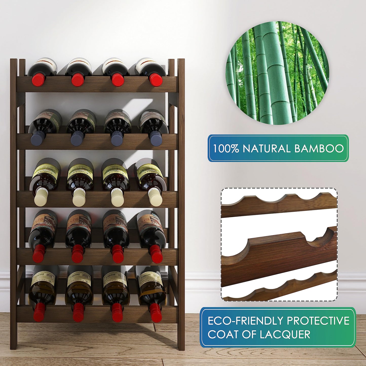 SMIBUY Bamboo Wine Rack, 20 Bottle Display Holder, 5 Tier Freestanding Storage Racks for Kitchen, Pantry, Basement, Bar (Black)