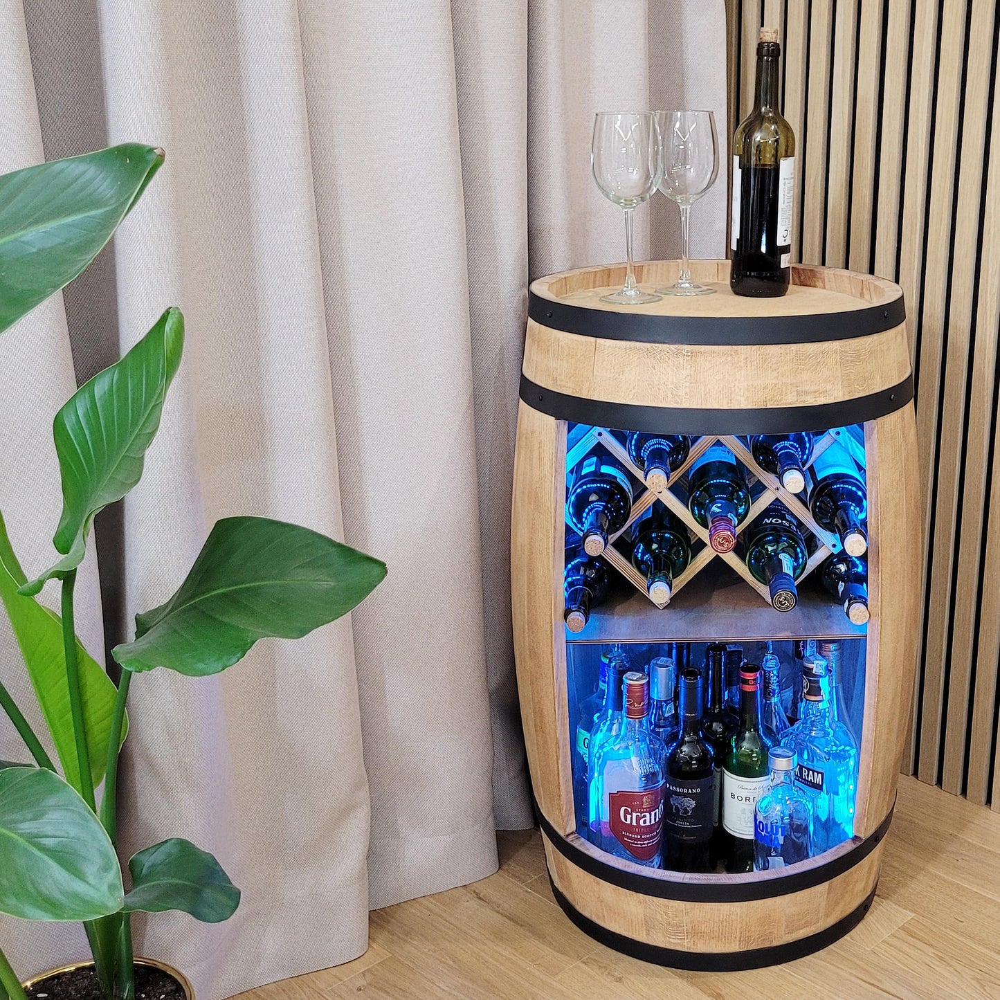 weeco Wooden Barrel with Wine Holder RGB LED Lighting - Wine Rack - Rustic Decorative Bar Cabinet Wine Stand - Draught Beer, Whisky Bar Bottle Stand. Home Bar Gift for Men (Dark Brown)