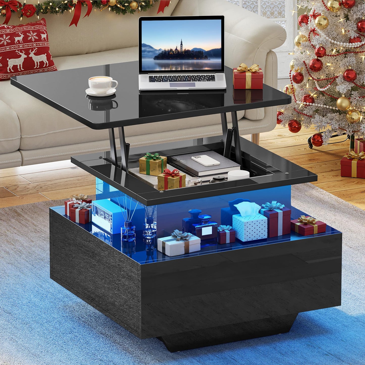 YITAHOME Coffee Table Height Adjustable with LED Lighting Modern 60 x 60 x 45 cm Living Room Table High Gloss with Open Display Shelf and 2 Drawers