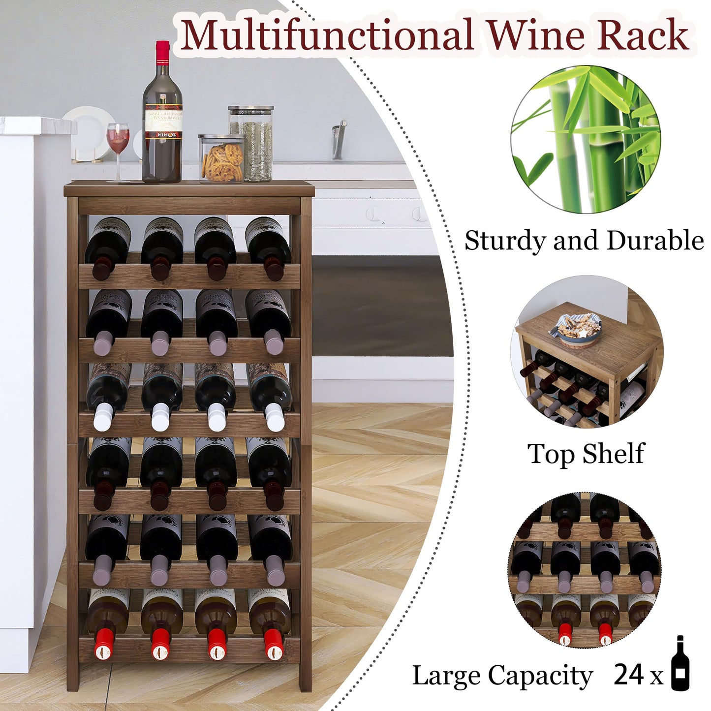 24 Bottle Wine Rack Freestanding Base, 6 Tier Wine Display Storage Shelves with Table Top, Bamboo Wine Bottle Holder Stand with Wave Bars for Kitchen, Dining Room, Pantry, Black
