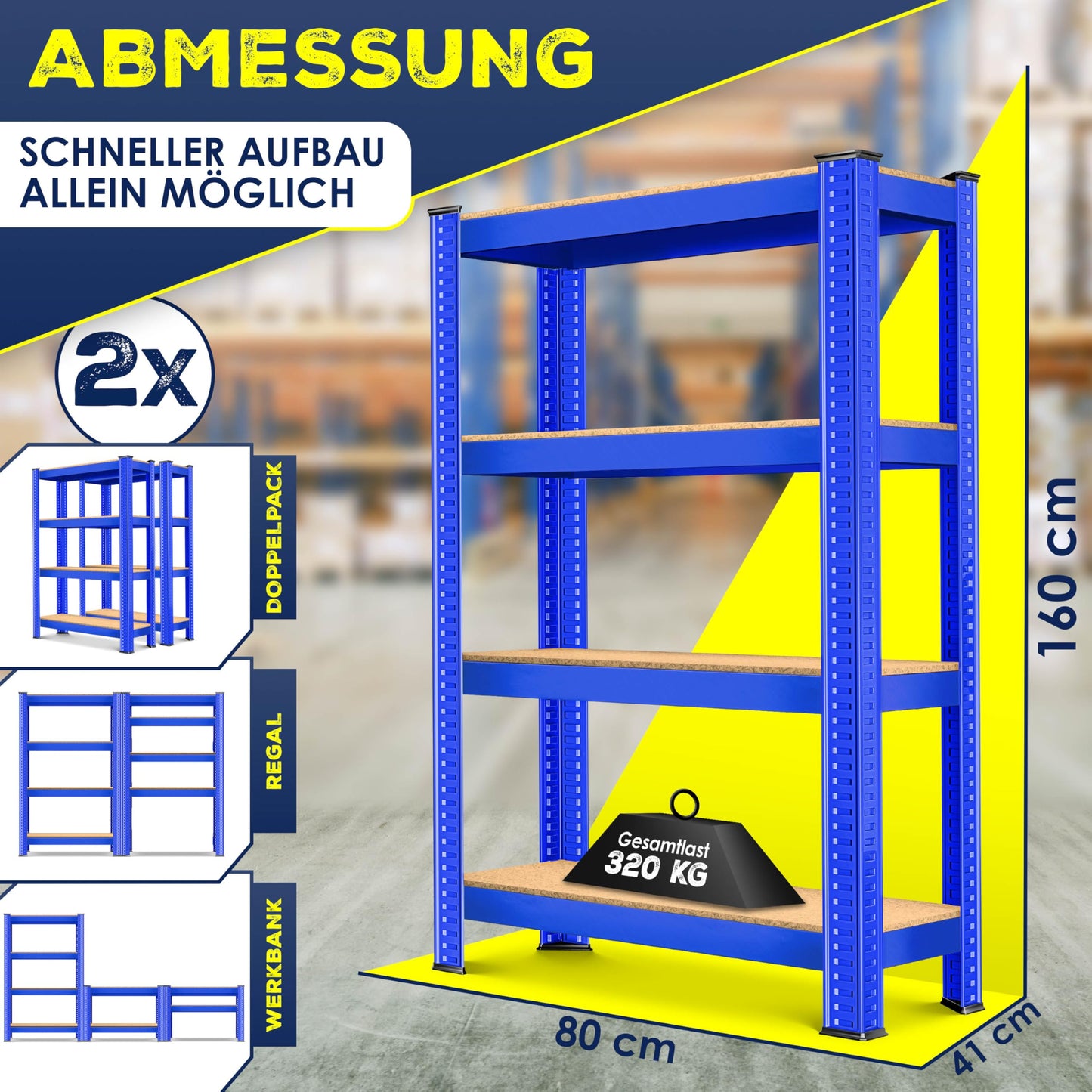 MASKO® Set of 2 Storage Shelves, Heavy Duty Shelves, Basement Shelves, 160 x 80 x 40 cm, Maximum Load 700 kg, 4 Adjustable Shelves, MDF Panels, Boltless Metal Shelf, Workshop, Basement, Garage, Black