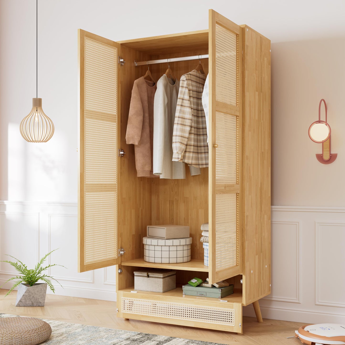 RIAZOS Wardrobe with Storage Cupboard, Double Door Design, with 1 Clothes Rail, 5 Compartments, for Bedroom, Living Room, Children's Room, 70 x 40 x 170 cm, White