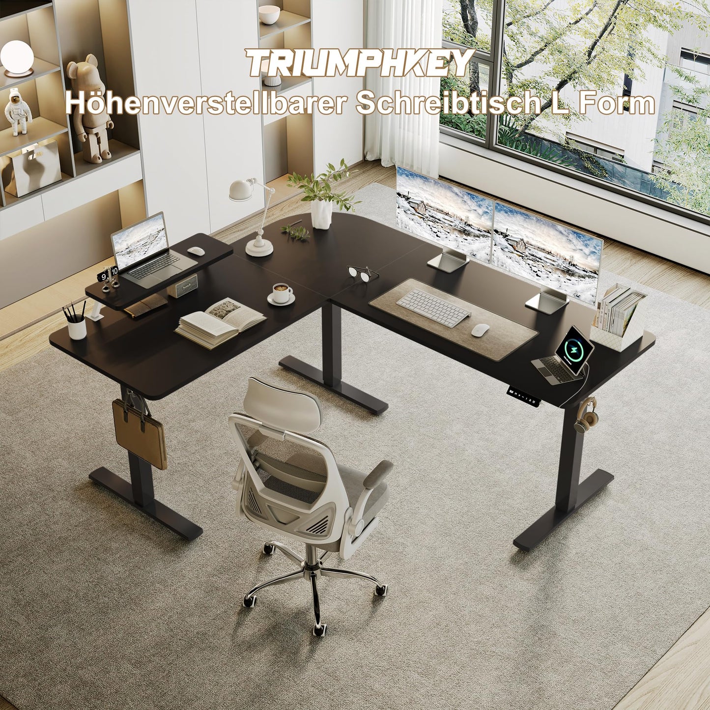 160 x 140 cm Corner Desk, Height Adjustable Desk, L Shape, L-shaped Desk, Height Adjustable, Single Motor, Shelf, Memory Control, 3 Legs, Black