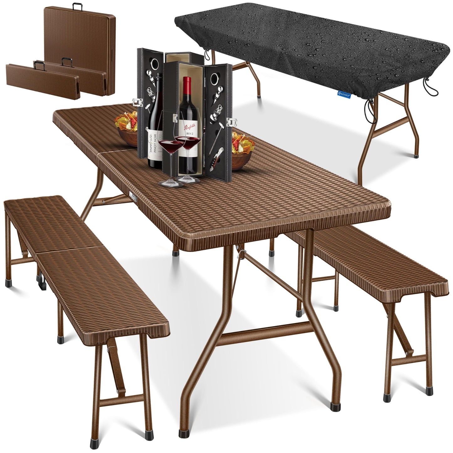 Kesser® Beer Tent Set – 3 Piece Set, Table + 2 x Bench, for Indoor / Outdoor, Folding, Carry Handles, HxWxD: 73 x 180 x 75 cm, Plastic, Rattan-Look Garden Set, Folding Table, Garden Table, Black