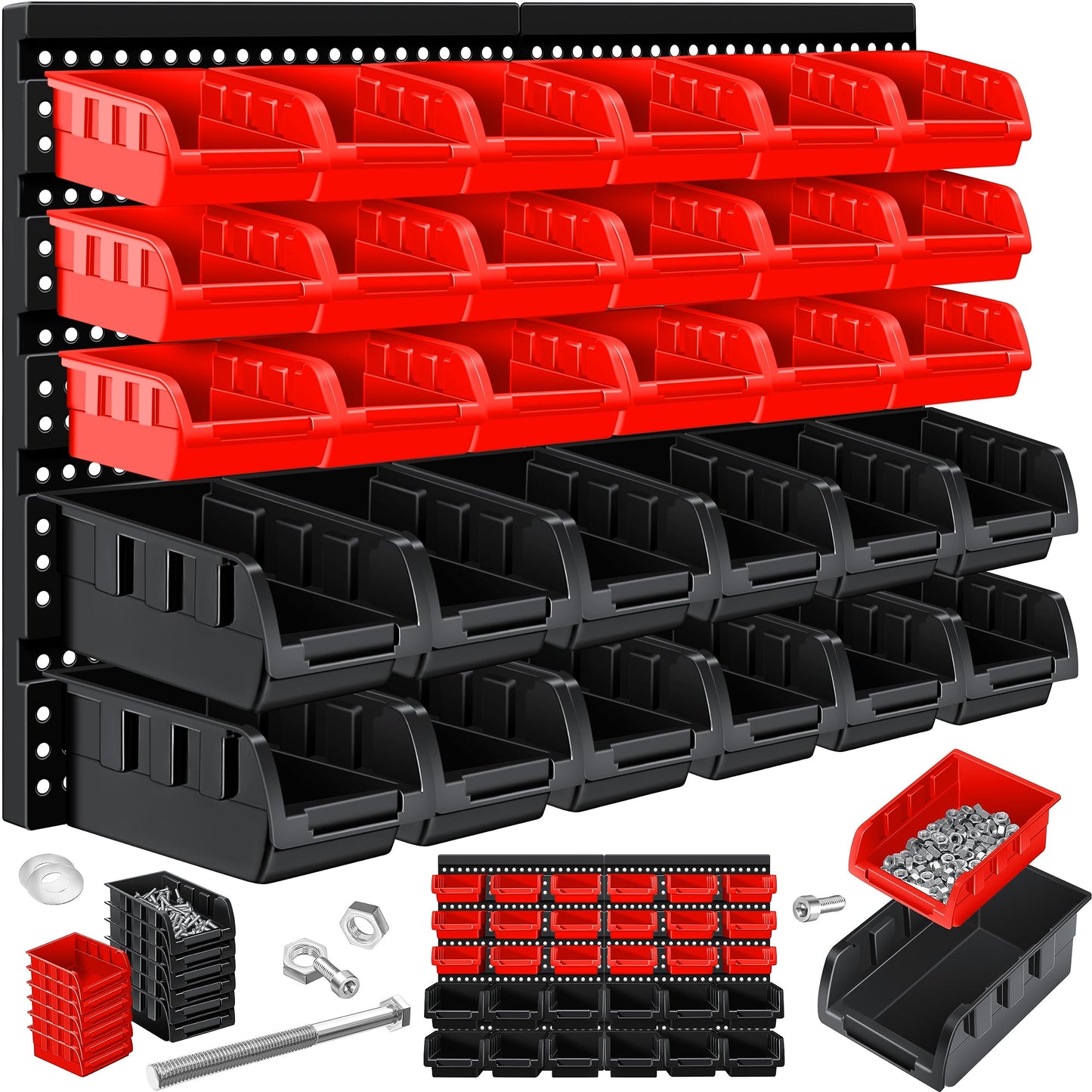 MASKO® Stacking Boxes, Wall Shelf, Tool Holder, 45-Piece Set, Expandable Storage Boxes, Storage Shelves, Boltless Hanging Shelf, Assortment Box, Small Parts Magazine Workshop Shelf, Black/Blue