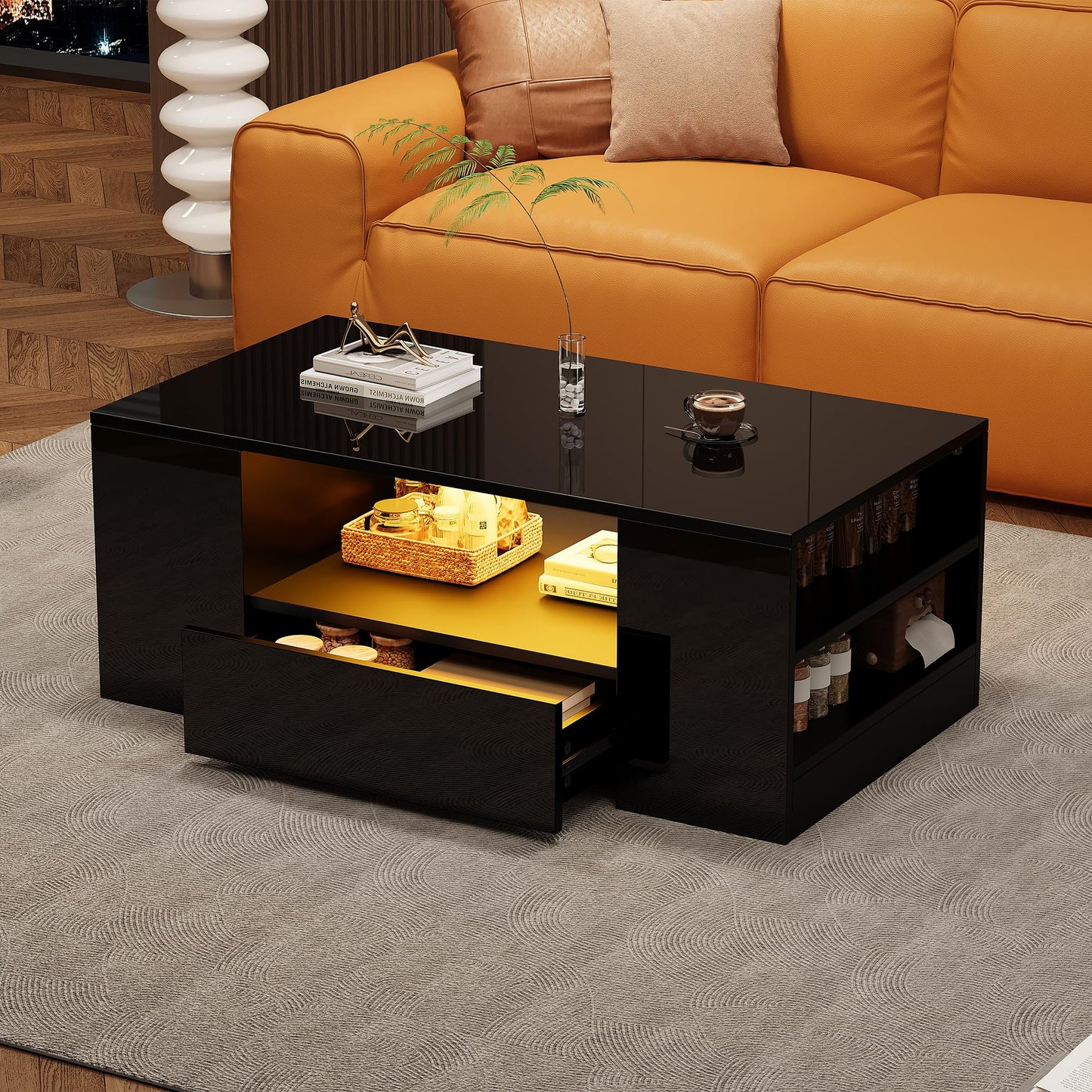 Merax High Gloss Coffee Table with LED, Modern Living Room Table with Storage Drawers, Multifunctional Side Table for Living Room, Rectangular Centre Table, Sofa Table, Coffee Table, Office, Black