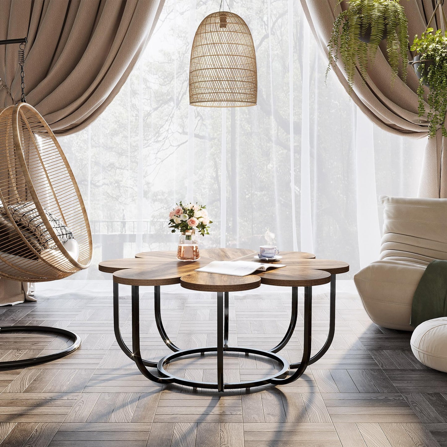 Tribesigns Coffee Table in White and Gold, Modern Coffee Table in Flower Shape with Faux Marble Top 100 cm Large Floral Accent Table with Metal Frame, Living Room Table, Sofa Table for Living Room