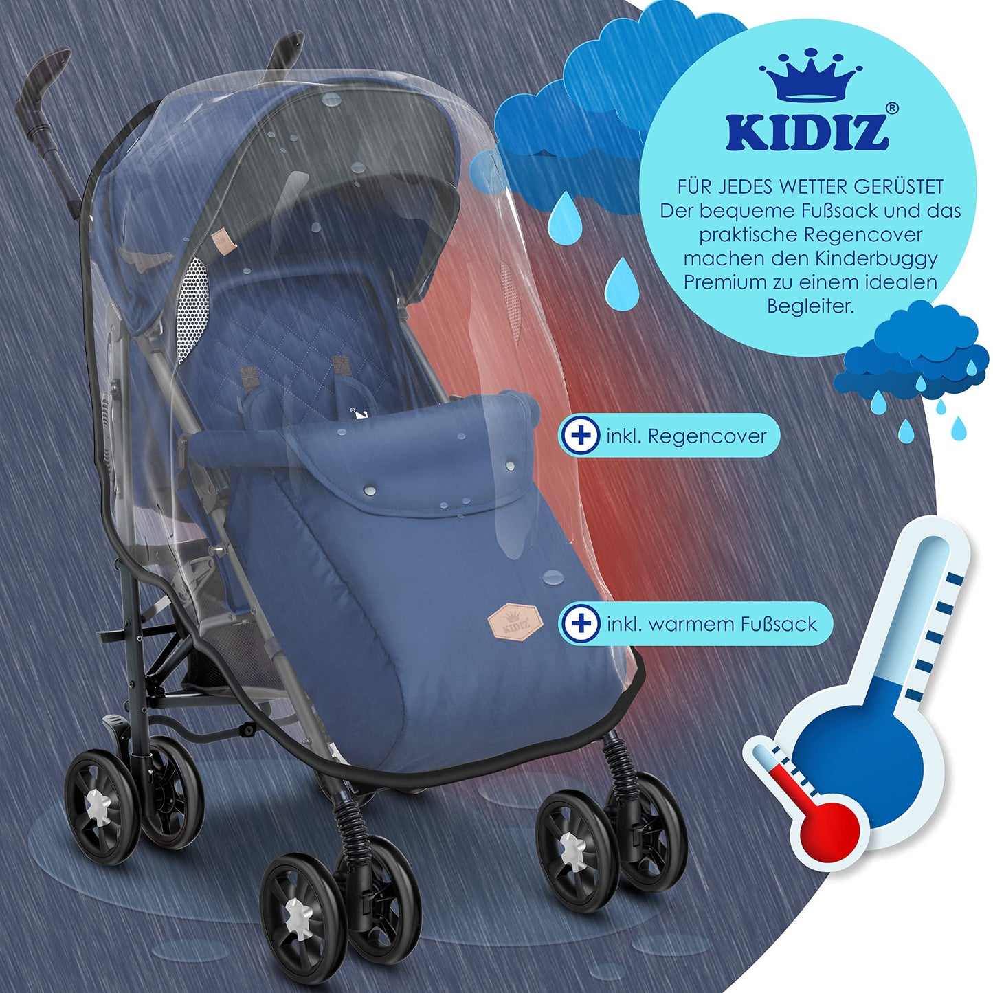 KIDIZ® City-Pro Pushchair Folding Pushchair Pushchair Sports Pushchair Foldable 360° 6 Inch Wheels Includes Mosquito Net, Footmuff and Rain Cover Foldable Sleep Function Blue
