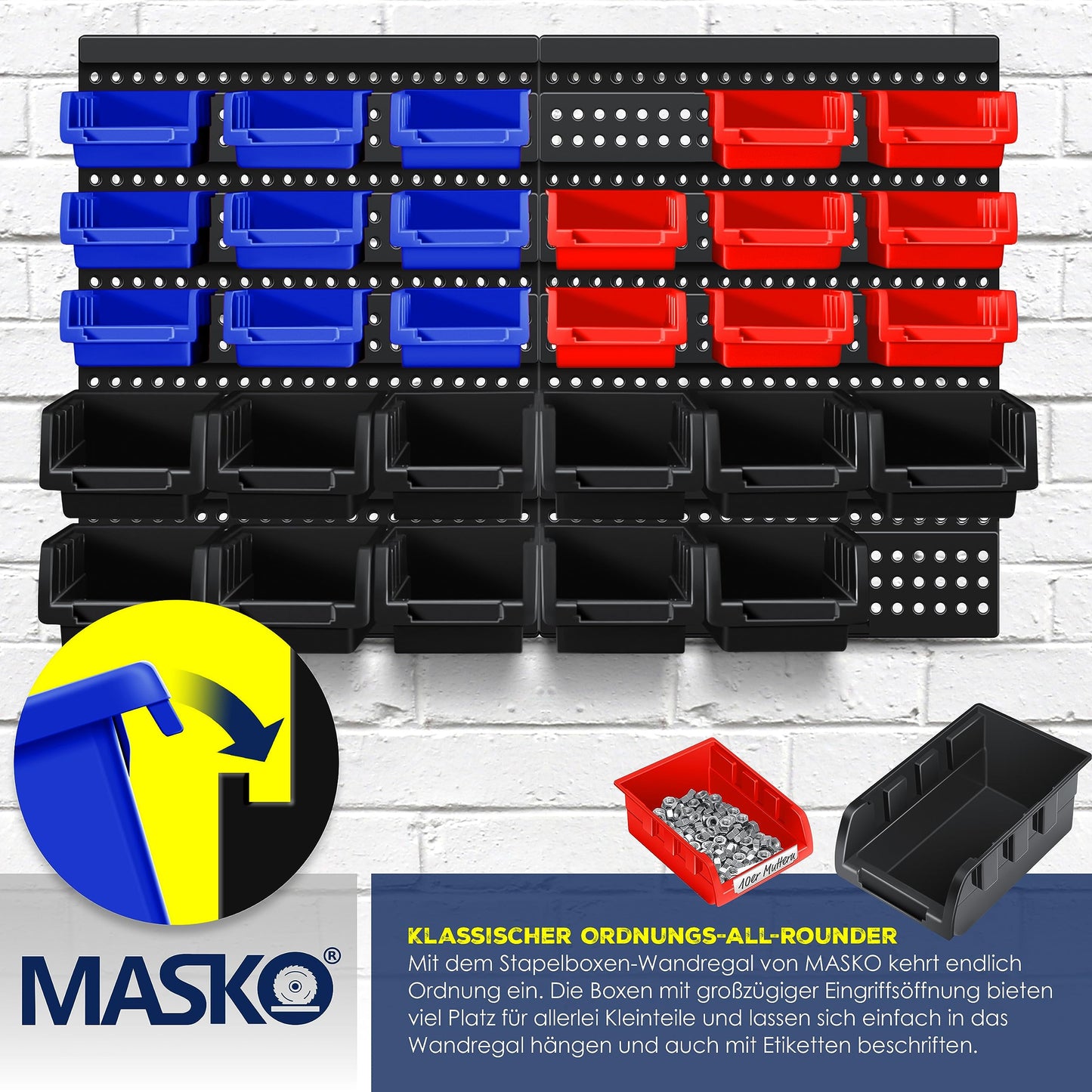 MASKO® Stacking Boxes, Wall Shelf, Tool Holder, 45-Piece Set, Expandable Storage Boxes, Storage Shelves, Boltless Hanging Shelf, Assortment Box, Small Parts Magazine Workshop Shelf, Black/Blue