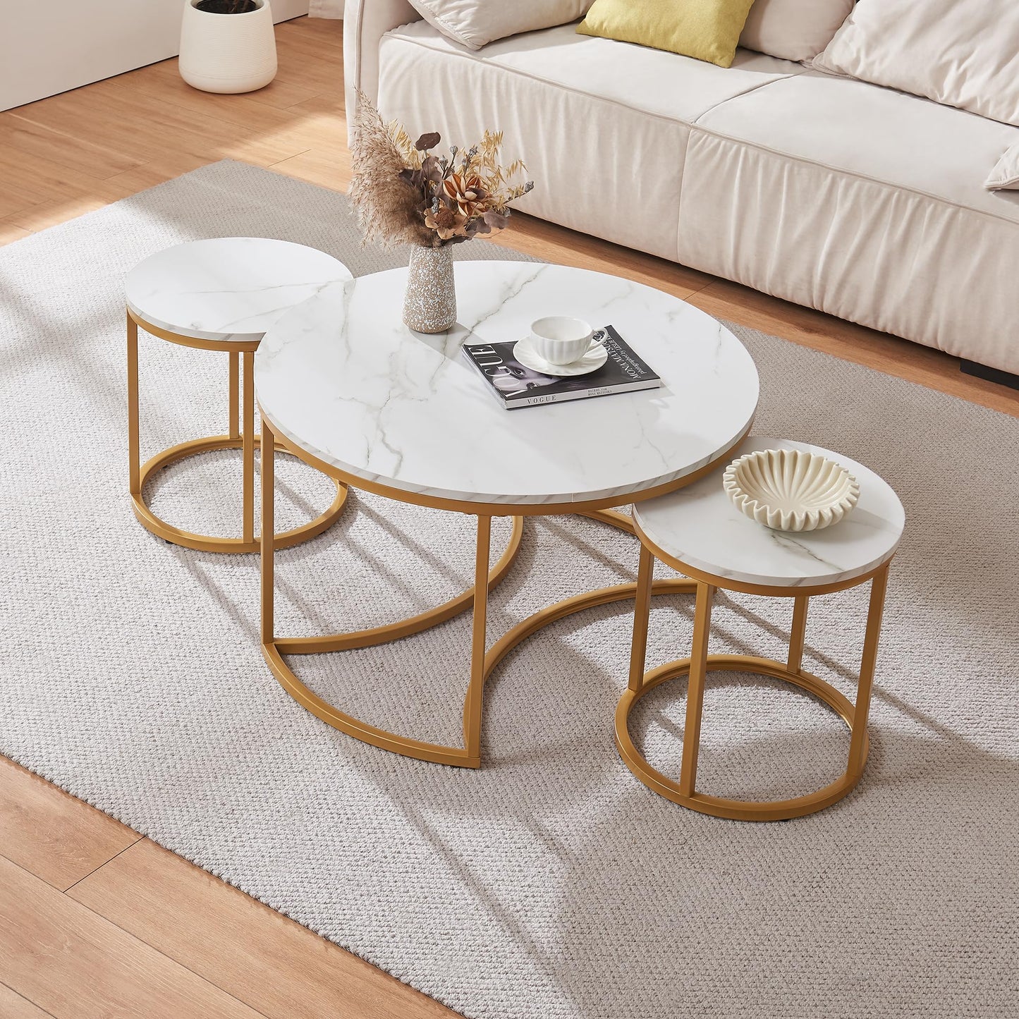 [en.casa] Christchurch Coffee Table, Set of 3, Round Sofa Table, Side Table with Metal Frame, Coffee Table, Marble Look, White/Gold