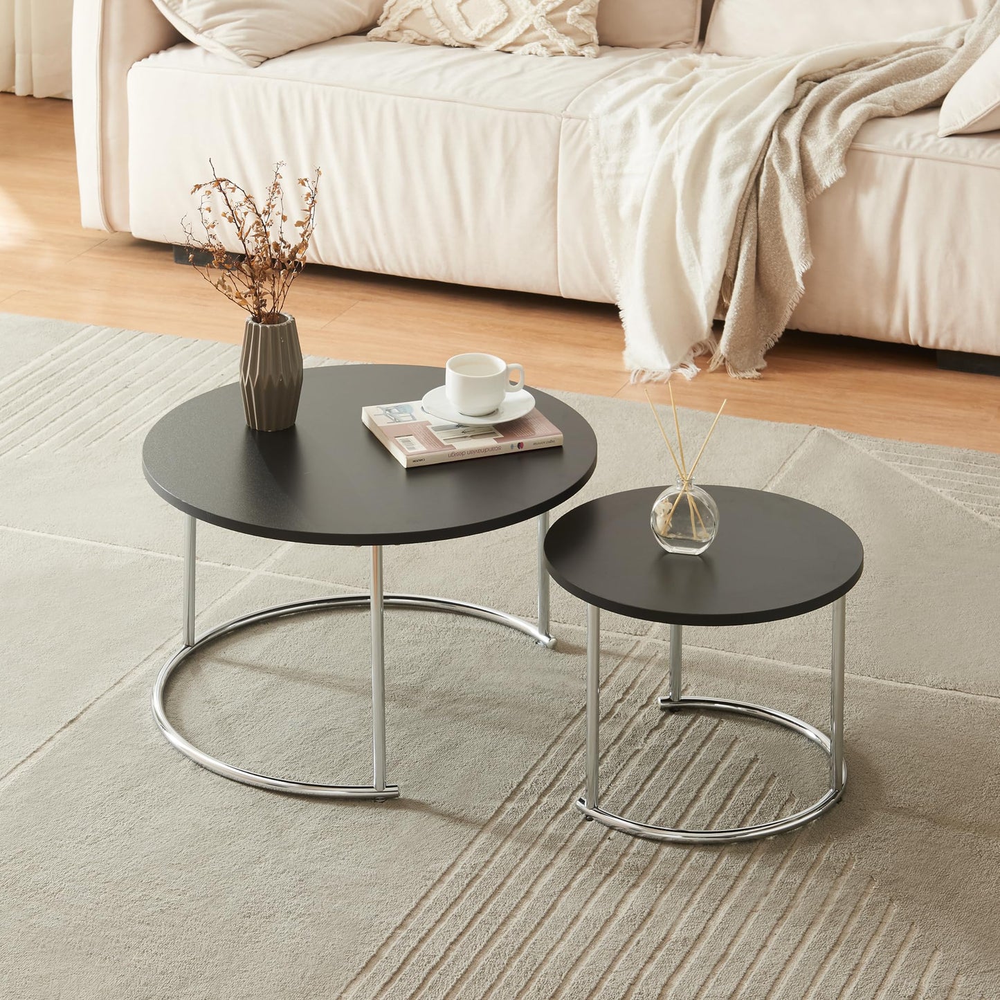 [en.casa] Christchurch Coffee Table, Set of 3, Round Sofa Table, Side Table with Metal Frame, Coffee Table, Marble Look, White/Gold