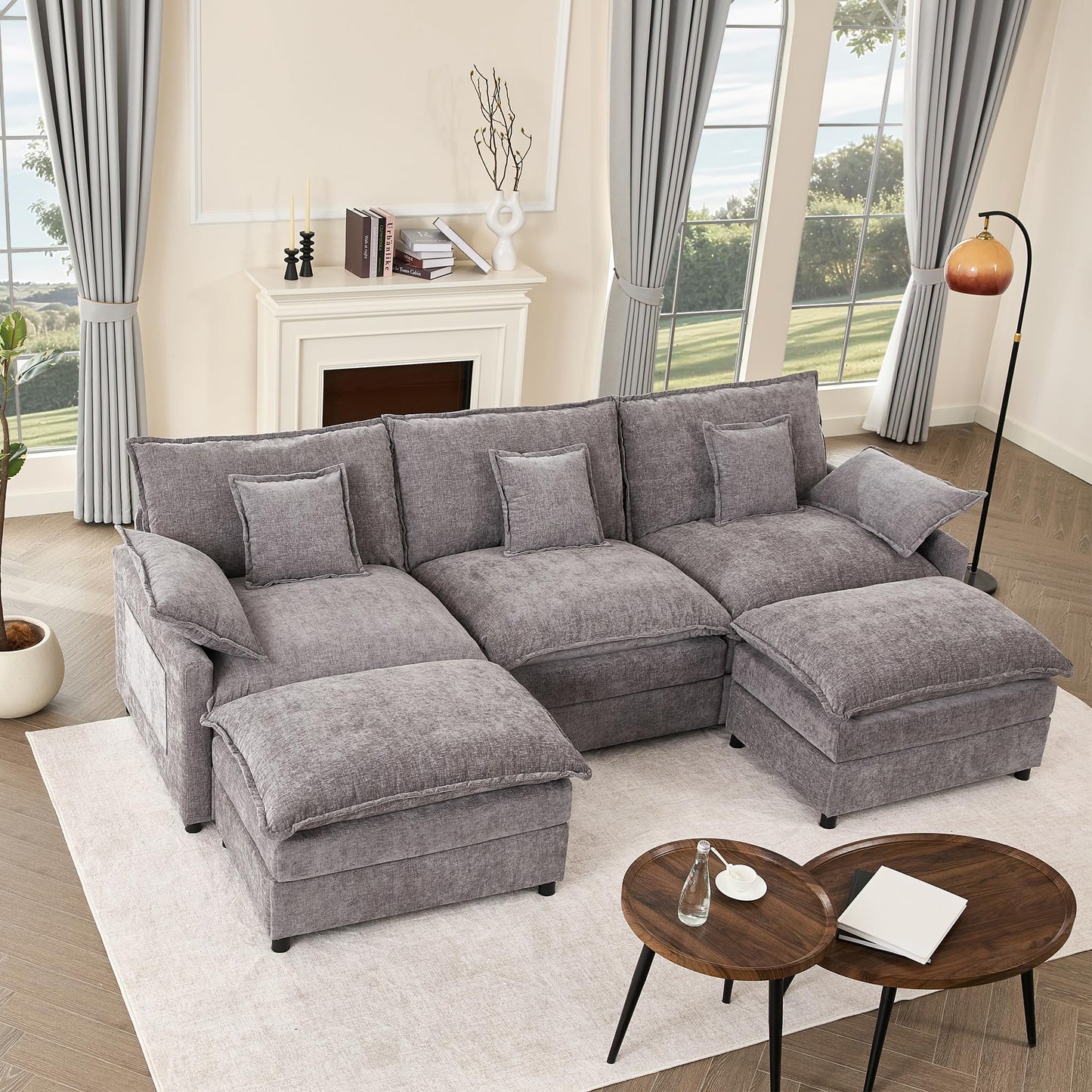 Litbird U-förmiges modulares Sofa 3-Sitzer Ecksofa mit Hocker, tiefes Sitzdesign, Cloud Couch für Wohnzimmer(Hellbraun)