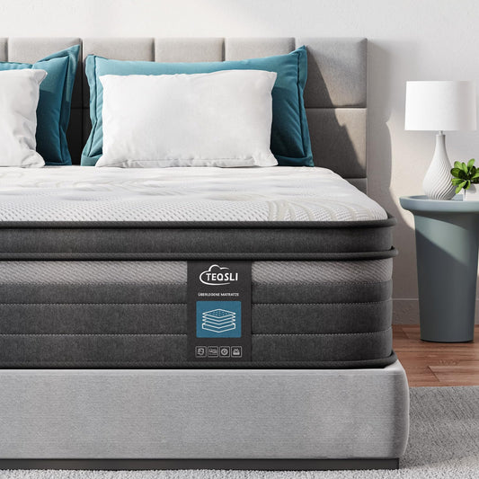TeQsli Gel Pocket Spring Mattress 180 x 200 cm 25 cm Height 9-Zone Mattress H3 H4 Hardness Orthopaedic & Ergonomic Spring Mattress with Gel Memory Foam, Oeko-Tex & CertiPUR Certified