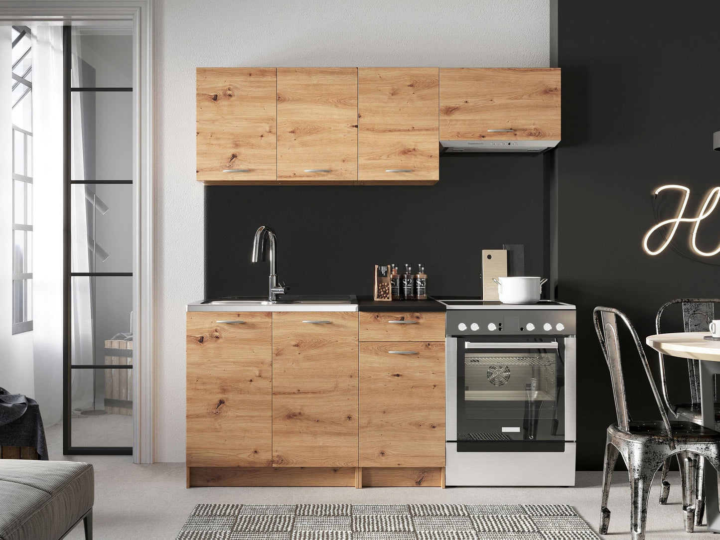 Mela Kitchen 180/120 cm, Kitchen Unit, 5 Cabinet Modules Freely Combinable (Artisan Oak/Black)