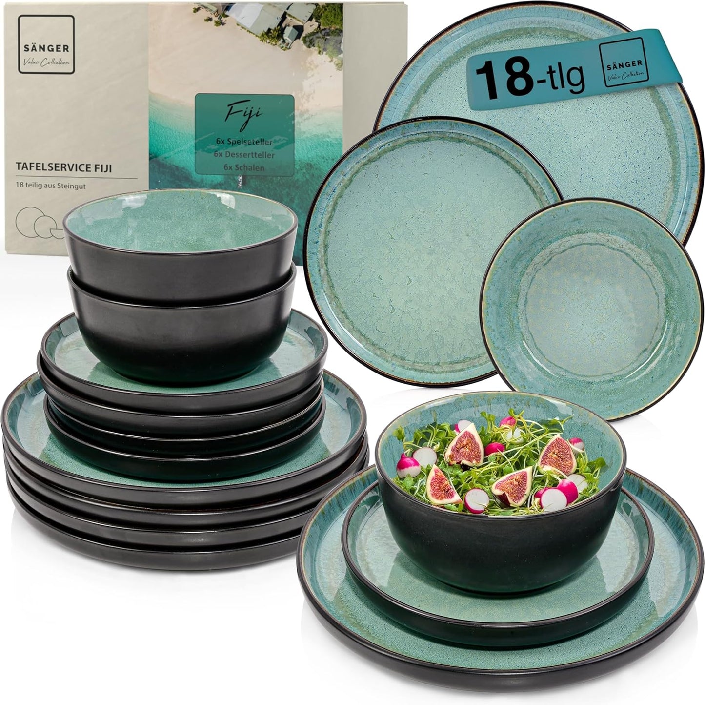 SÄNGER Manila Dinner Service for 6 People, Plate Set, Coffee Mug, Pasta Bowl, 30 Pieces, Stoneware Crockery Set, Dishwasher, Microwave, Scratch-Resistant, Blue with Black Rim, Value Collection