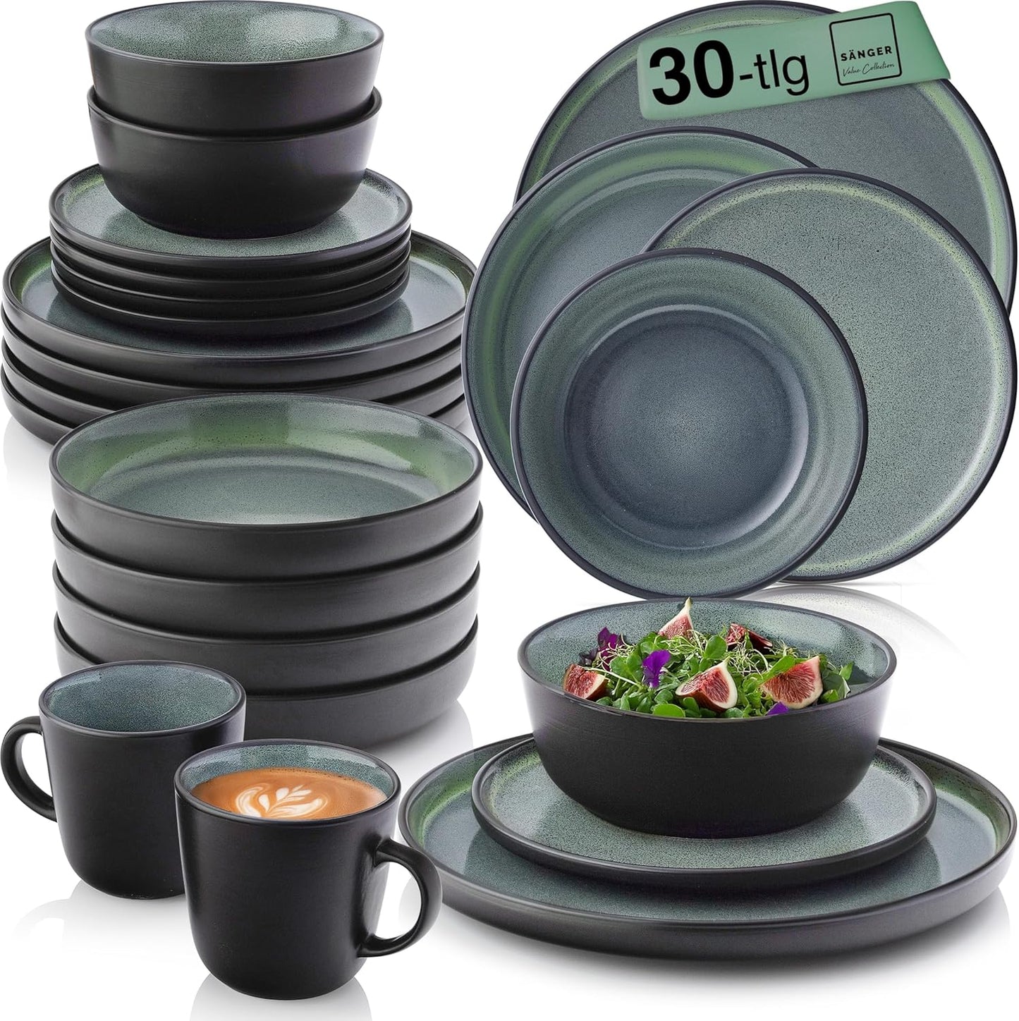 SÄNGER Manila Dinner Service for 6 People, Plate Set, Coffee Mug, Pasta Bowl, 30 Pieces, Stoneware Crockery Set, Dishwasher, Microwave, Scratch-Resistant, Blue with Black Rim, Value Collection