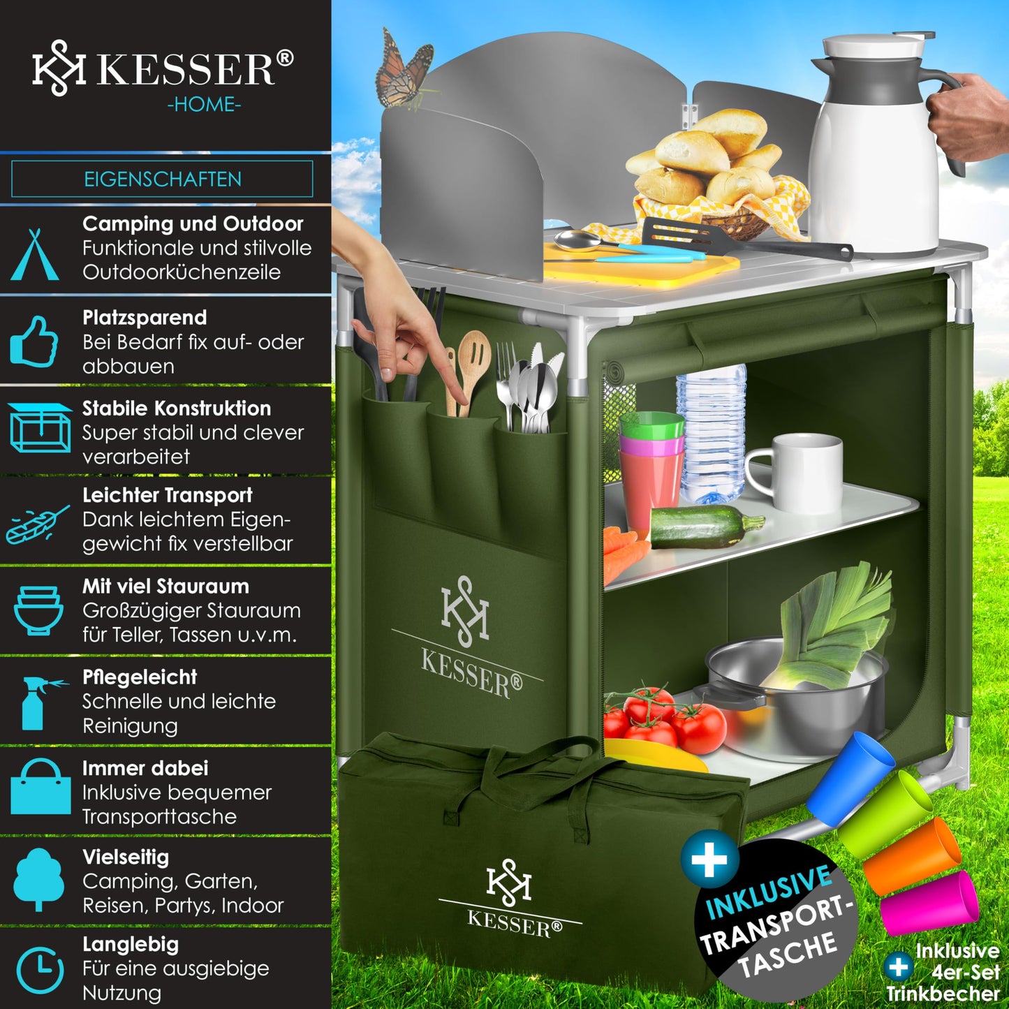 KESSER® Camping Kitchen | Includes Carry Bag & Cup Set | Camping Cabinet Folding Cabinet | with Aluminium Frame | Travel Kitchen | Kitchen Box | Tent Cabinet | Outdoor Camping Kitchen | Khaki | Type