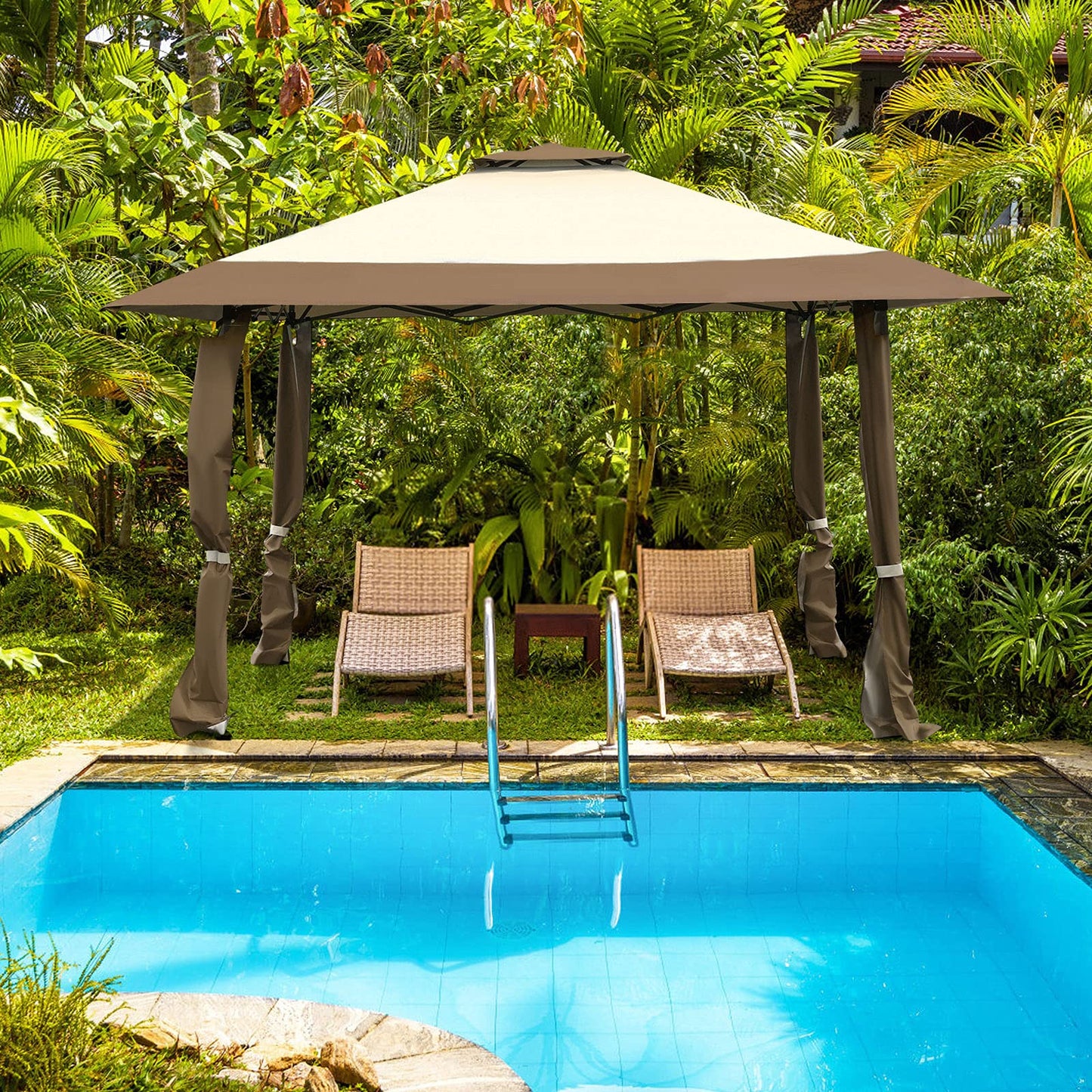 COSTWAY Gazebo 4 x 4 m, Pop-Up Folding Gazebo with Double Roof, Waterproof, Stable, UV Protection 50+, Garden Gazebo with Carry Bag on Wheels, Garden Tent for Patio, Garden (Grey)