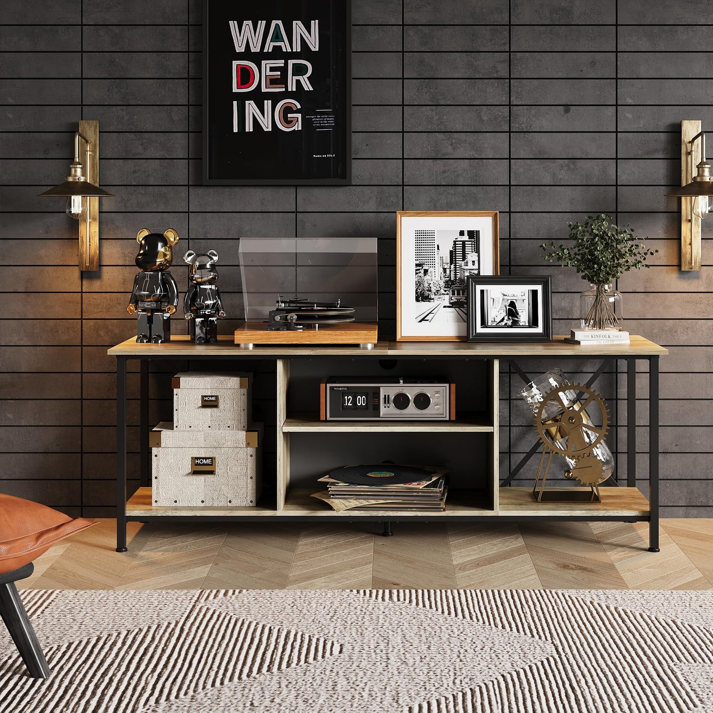 WLIVE TV Schrank, TV Lowboard für Fernseher bis zu 65 Zoll, TV Board Fernsehschrank mit Offenen Stauraum, 140 x 40 x 49 cm, Fernsehtisch für Wohnzimmer und Schlafzimmer, Vintagebraun-Schwarz