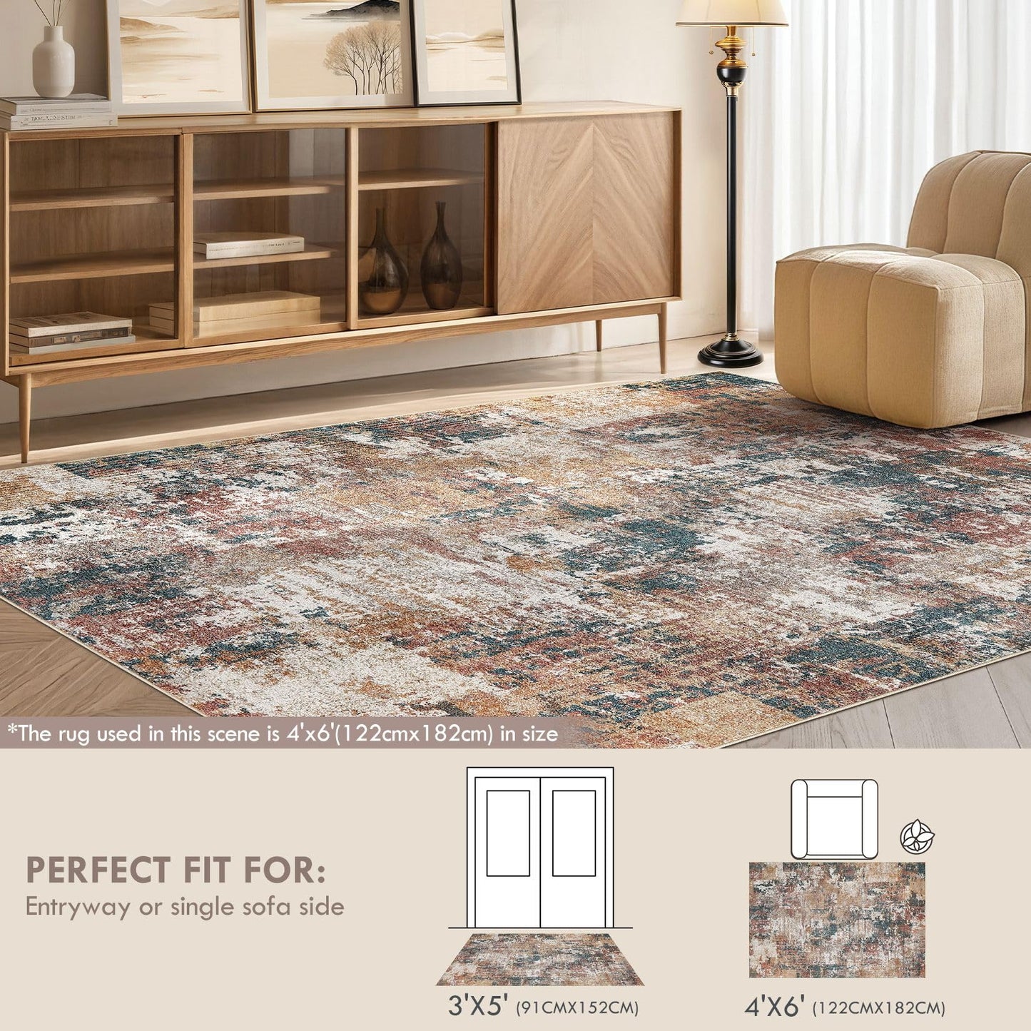 Tortania Washable 5x7 Area Rug for Living Room: Modern Abstract Neutral Large Soft Thin Rugs - Non Slip Indoor Carpet for Bedroom Dining Room Office Nursery Home Floor Decoration - Grey