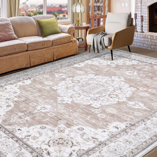 Vintage Living Room Area Rug - 6x9 Large Machine Washable Boho Area Rug Distressed Floral Rugs for Bedroom, Soft Non-Slip Indoor Floor Accent Rugs for Office Dining Room (Cream Beige, 6'x9')
