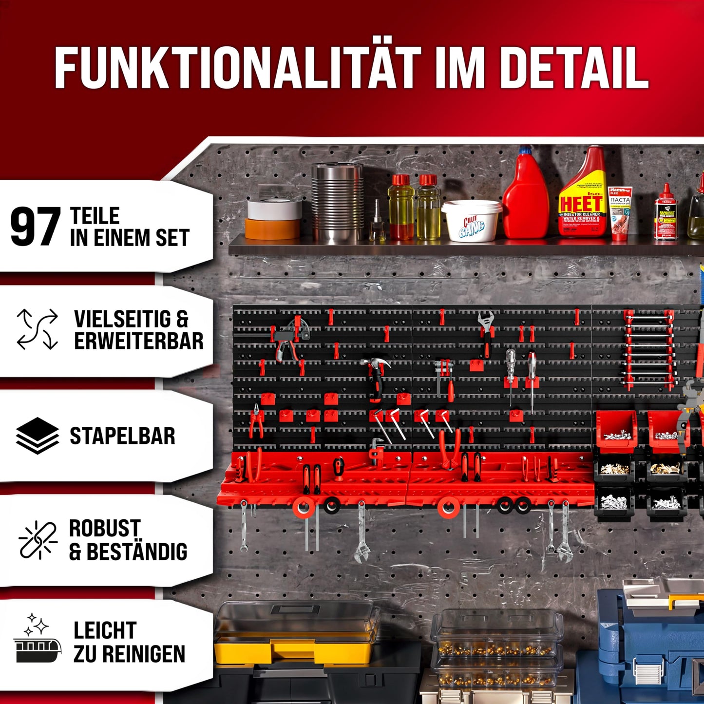 Deuba® Wall Shelf + Stacking Boxes - Extra Strong Wall Panels - Extendable Workshop Shelving