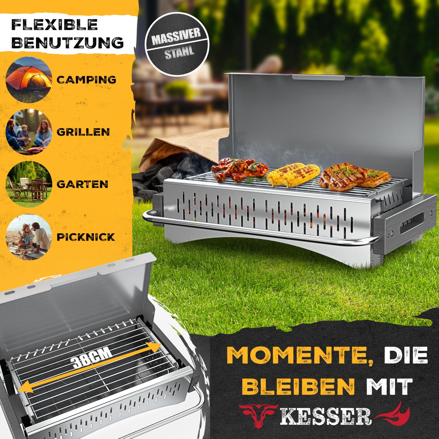 KESSER® Folding Barbecue Portable Camping Grill with Frame, Charcoal Grill Made of Powder-Coated Steel Including Grill Grate, Grill Mat & Carry Bag, Foldable BBQ Ideal for Camping, Picnic & Fishing