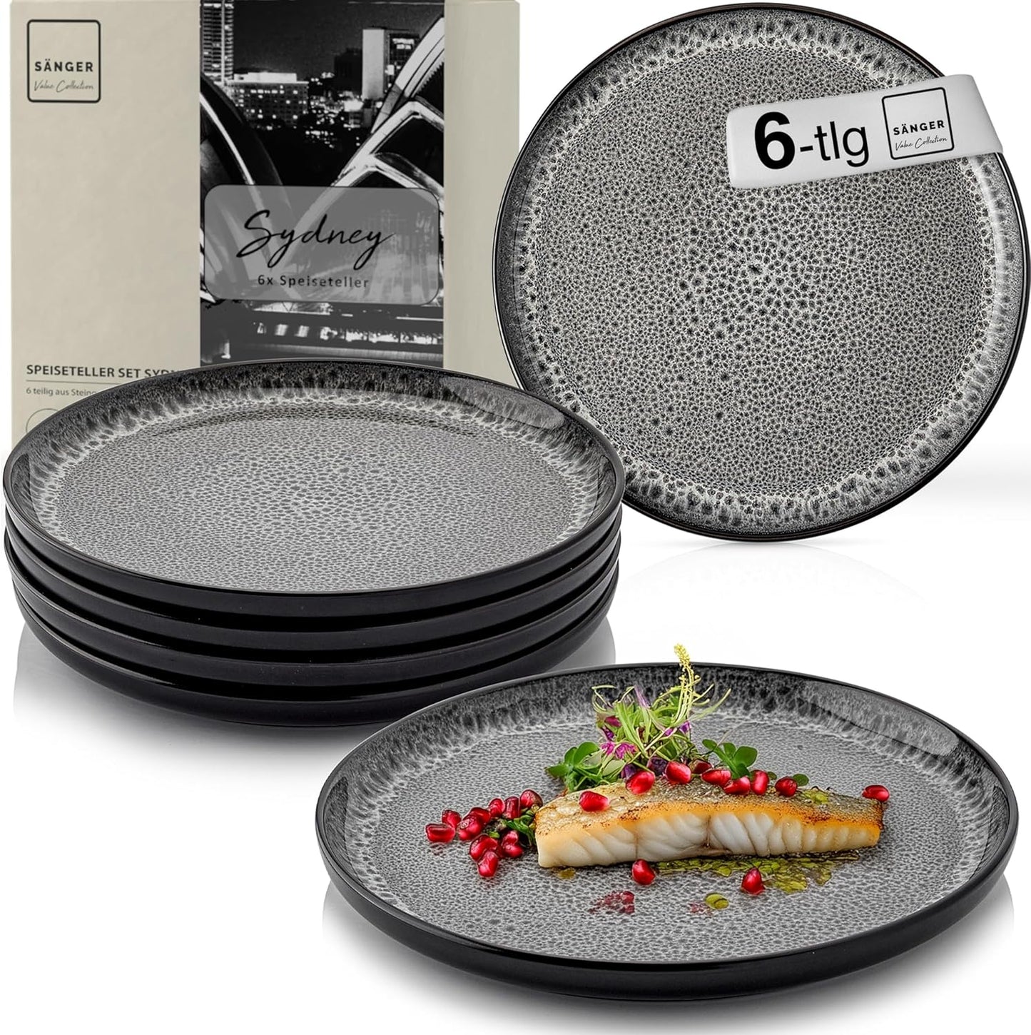 SÄNGER Manila Dinner Service for 6 People, Plate Set, Coffee Mug, Pasta Bowl, 30 Pieces, Stoneware Crockery Set, Dishwasher, Microwave, Scratch-Resistant, Blue with Black Rim, Value Collection