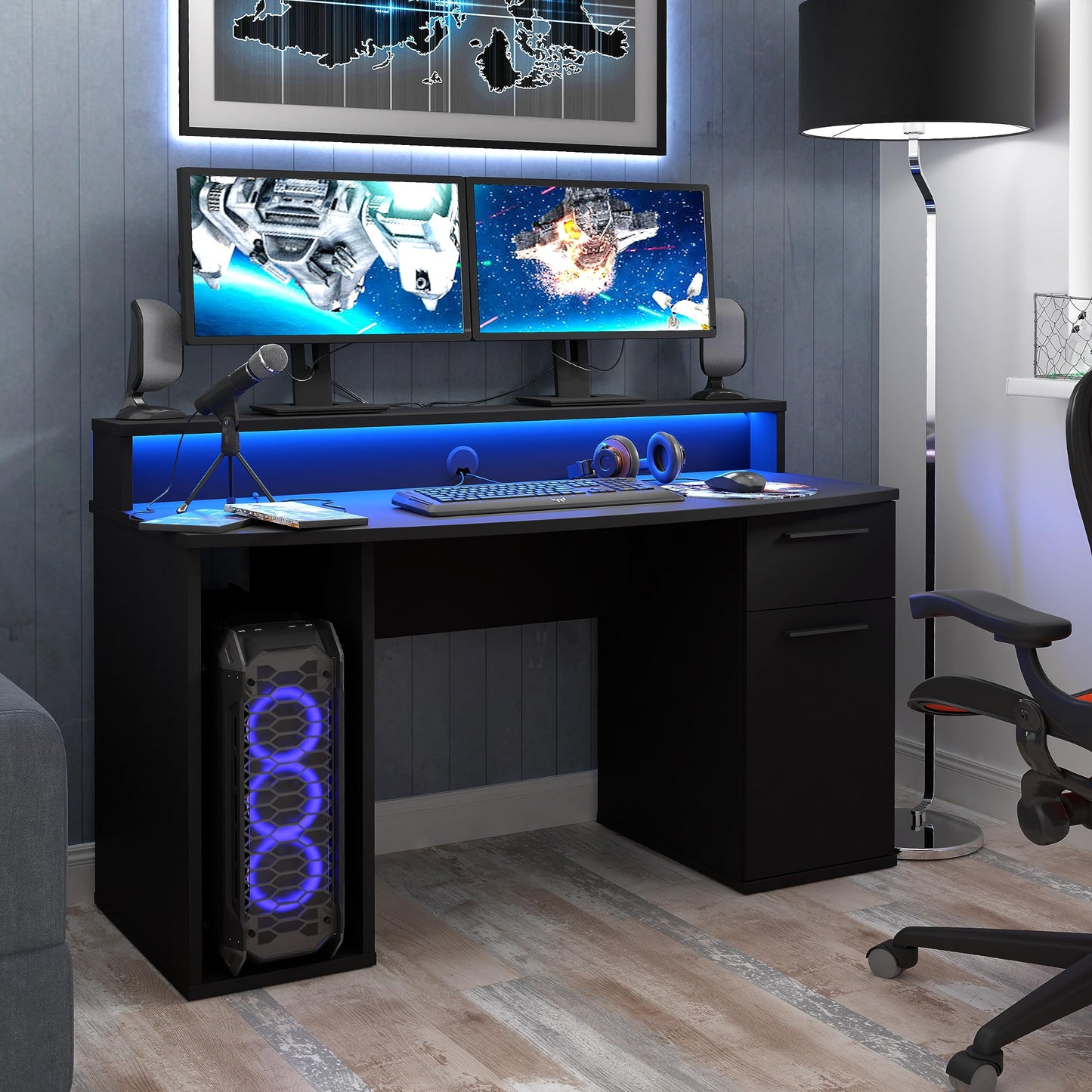Forte TEZAUR Computer Desk Gaming Desk with LED Lighting and Shelf, Wood Material, Black, W x H x D: 200 x 91.1 x 125.4 cm