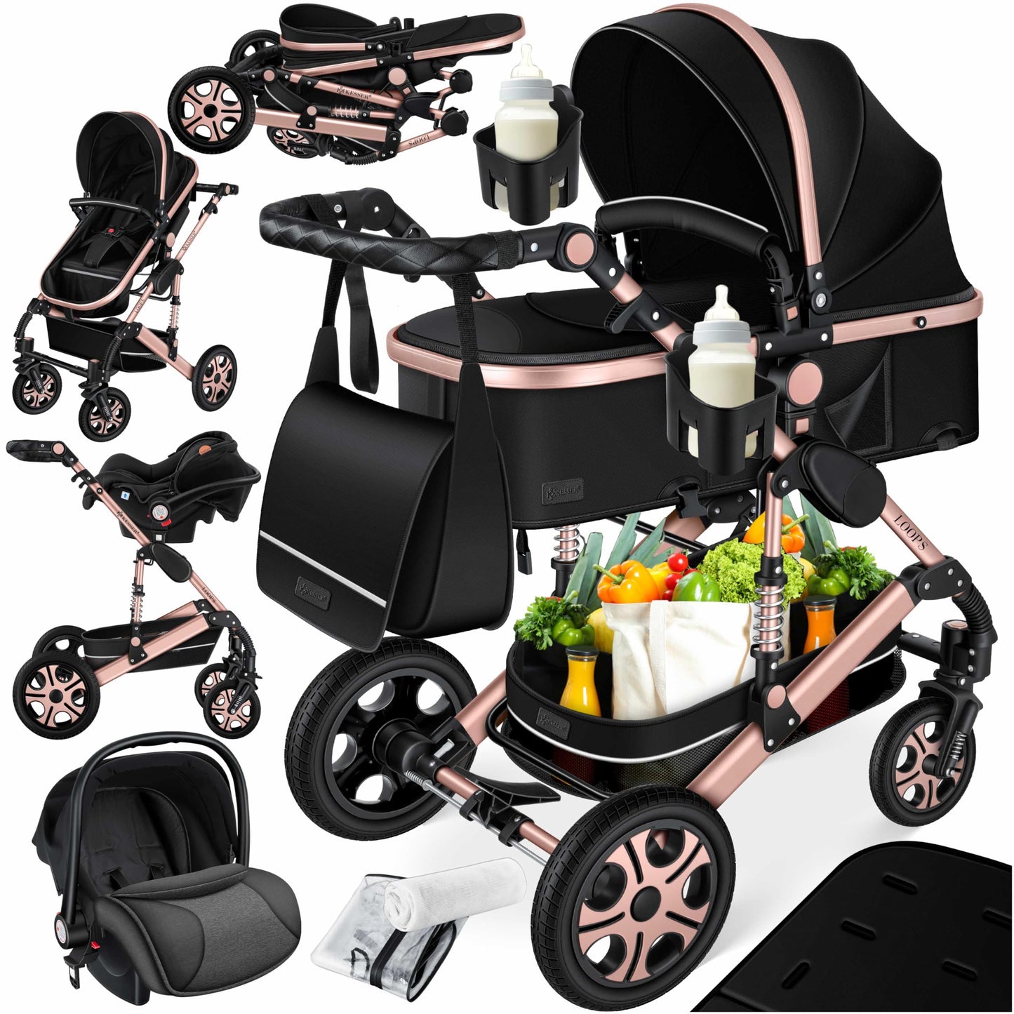 Kesser® Loops 3-in-1 Combination Pram, Complete Set Including Baby Tub & Buggy Sports Seat & Baby Car Seat, Full Rubber Tyres, Changing Bag / Rain Cover / Children's Table Set