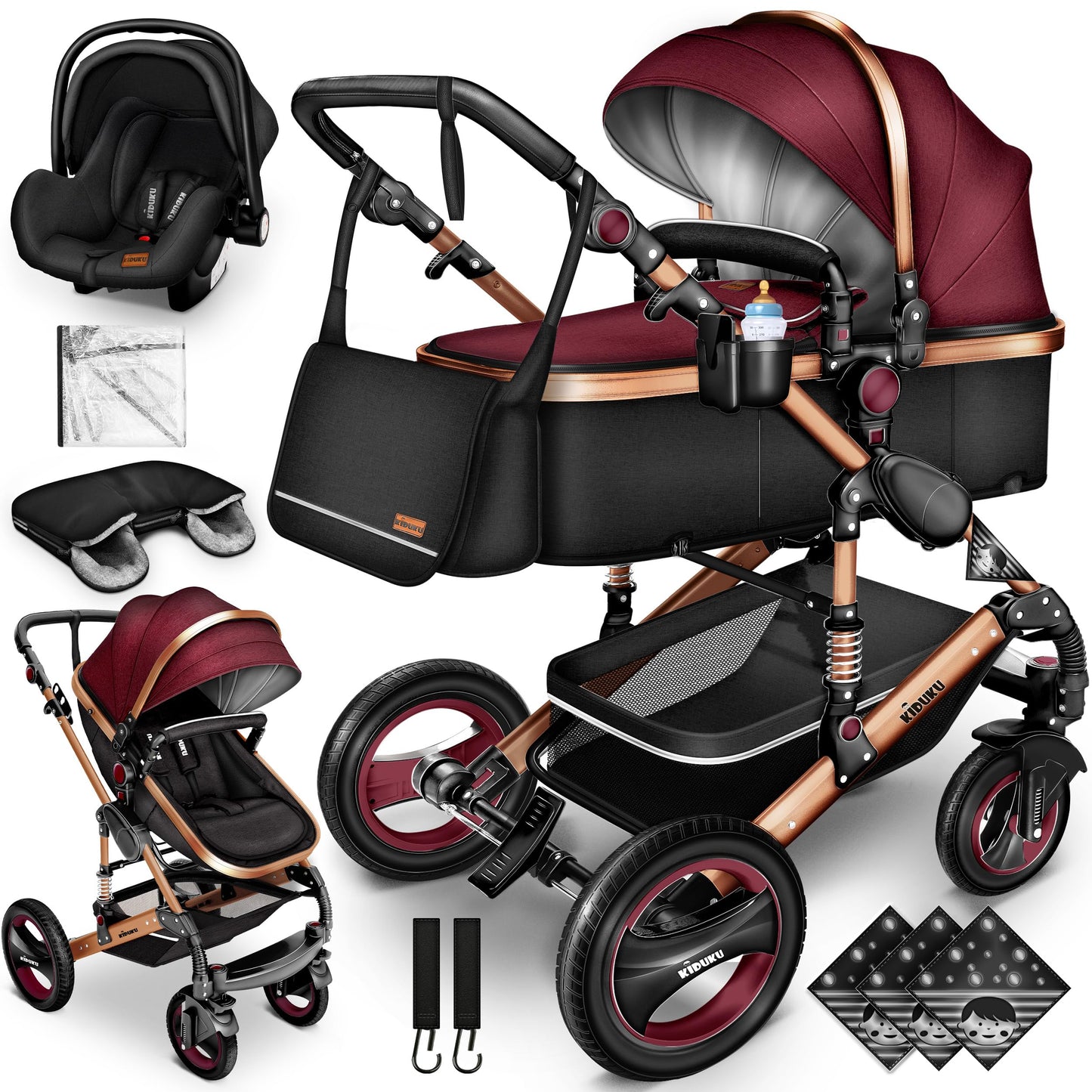 KIDUKU® 3-in-1 Complete Pram Set incl. Baby Carrycot, Buggy, Sports Seat & Car Seat, Footmuff, Solid Rubber Tyres, Changing Bag, Hand Warmer, Rain Cover, Children's Tray, ECE R129