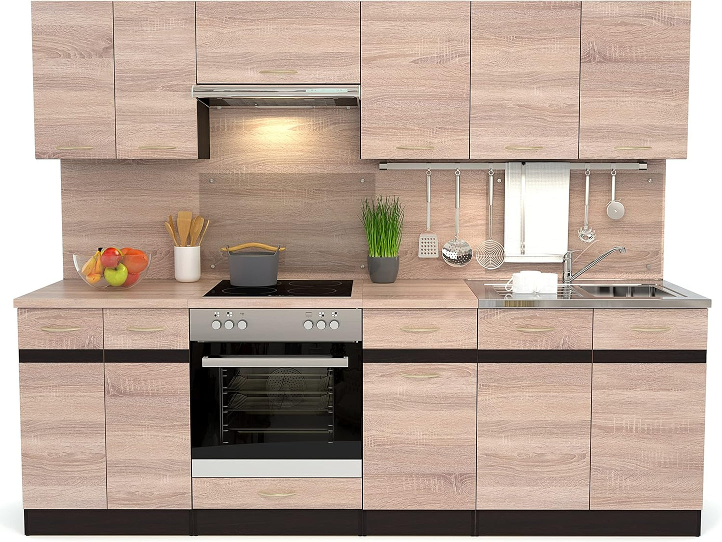 FIWODO Kitchen Unit with Electrical Appliances Extendible Kitchen in Sonoma Oak 240 cm with Sink, Mixer Tap, Cooker, Oven, Extractor Hood