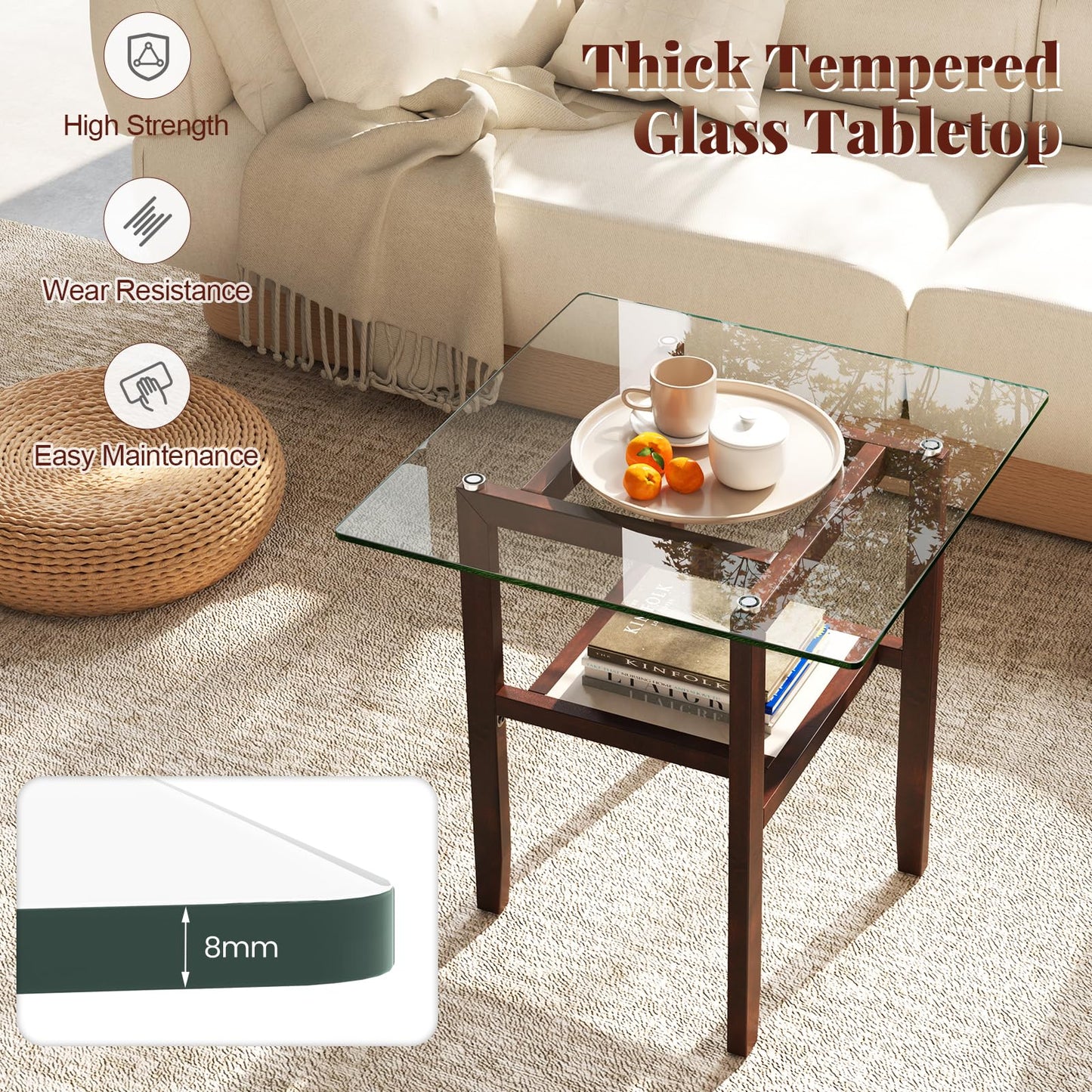 LIFEZEAL Glass Coffee Table, Stylish Living Room Table, Solid Wood with 2 Levels, Modern Sofa Table for Living Room, Bedroom, 107 x 60 x 42 cm