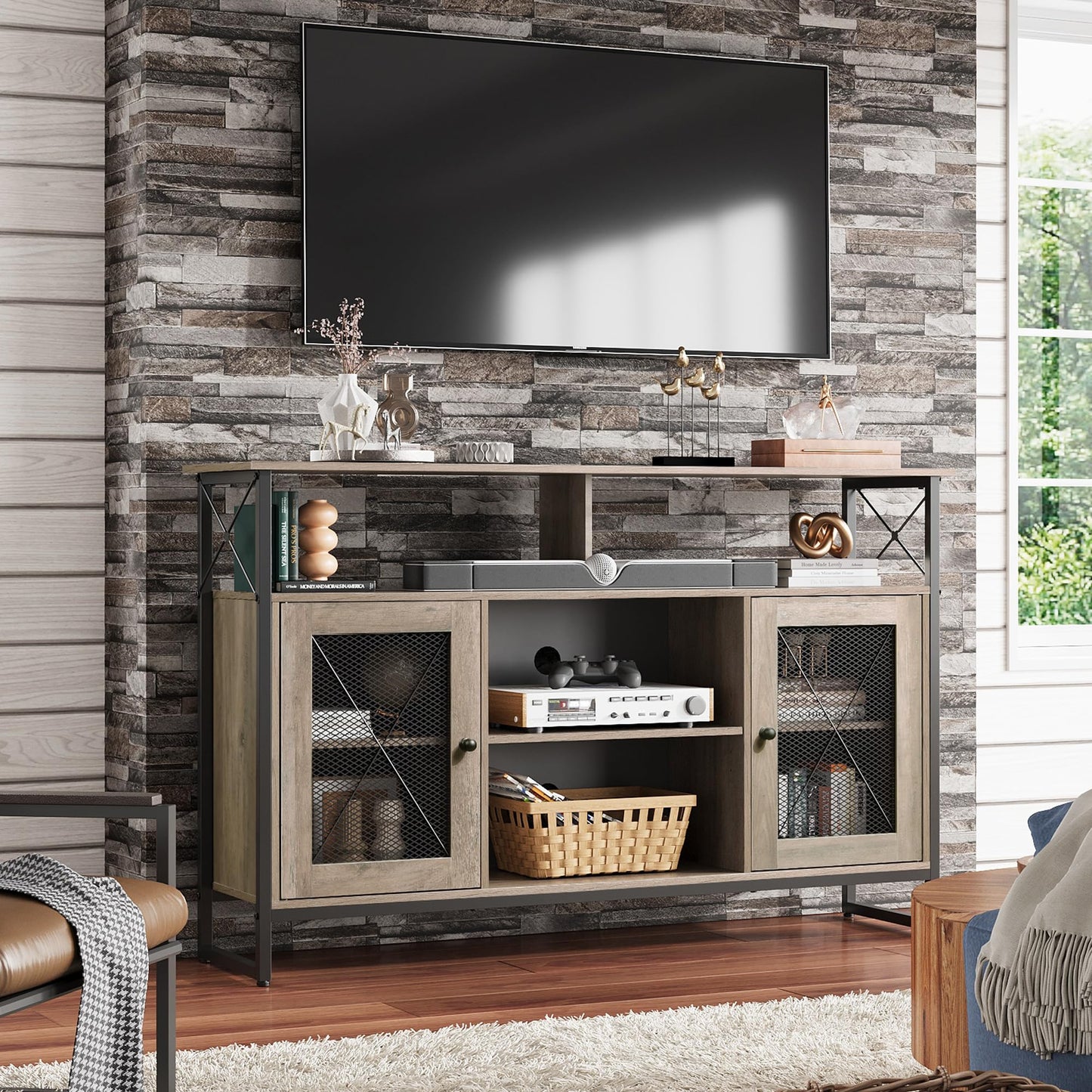 WLIVE Cabinet TV Schrank für Fernseher bis zu 55 Zoll, 128 × 36 × 82 cm Hoch TV Borad Fernsehschrank mit Verstellbaren Ablagen, Fernsehtisch mit Zwei Schränken, TV Tisch für Wohnzimmer
