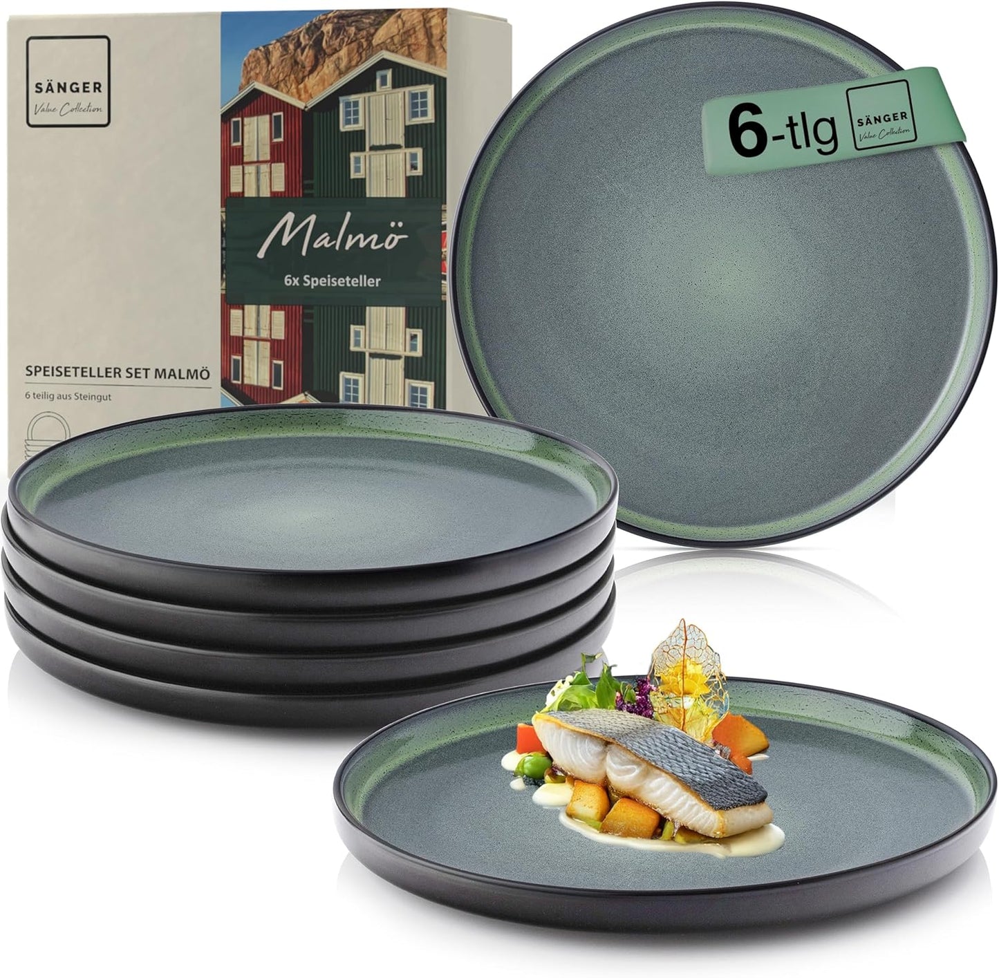 SÄNGER Manila Dinner Service for 6 People, Plate Set, Coffee Mug, Pasta Bowl, 30 Pieces, Stoneware Crockery Set, Dishwasher, Microwave, Scratch-Resistant, Blue with Black Rim, Value Collection