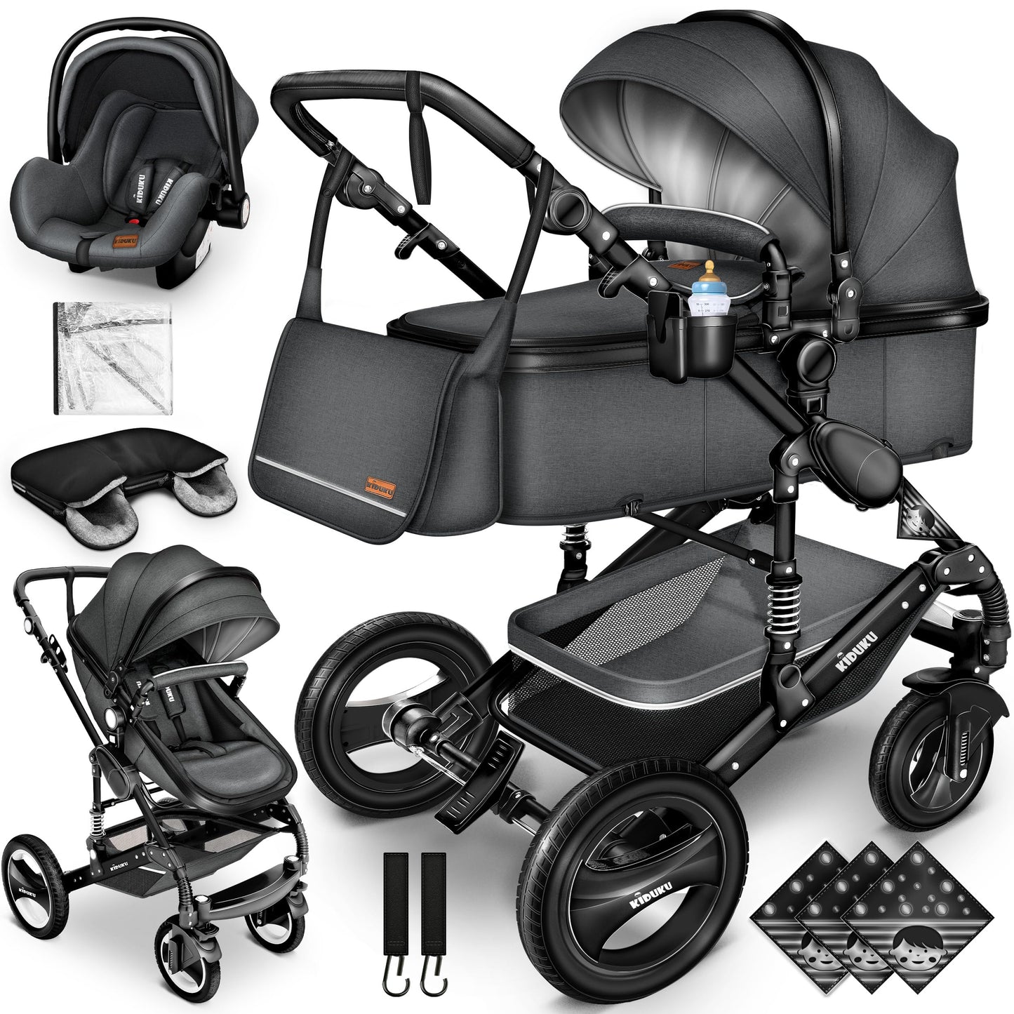 KIDUKU® 3-in-1 Complete Pram Set incl. Baby Carrycot, Buggy, Sports Seat & Car Seat, Footmuff, Solid Rubber Tyres, Changing Bag, Hand Warmer, Rain Cover, Children's Tray, ECE R129