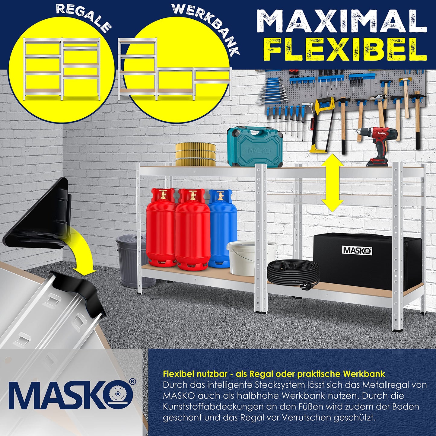 MASKO® Set of 2 Storage Shelves, Heavy Duty Shelves, Basement Shelves, 160 x 80 x 40 cm, Maximum Load 700 kg, 4 Adjustable Shelves, MDF Panels, Boltless Metal Shelf, Workshop, Basement, Garage, Black