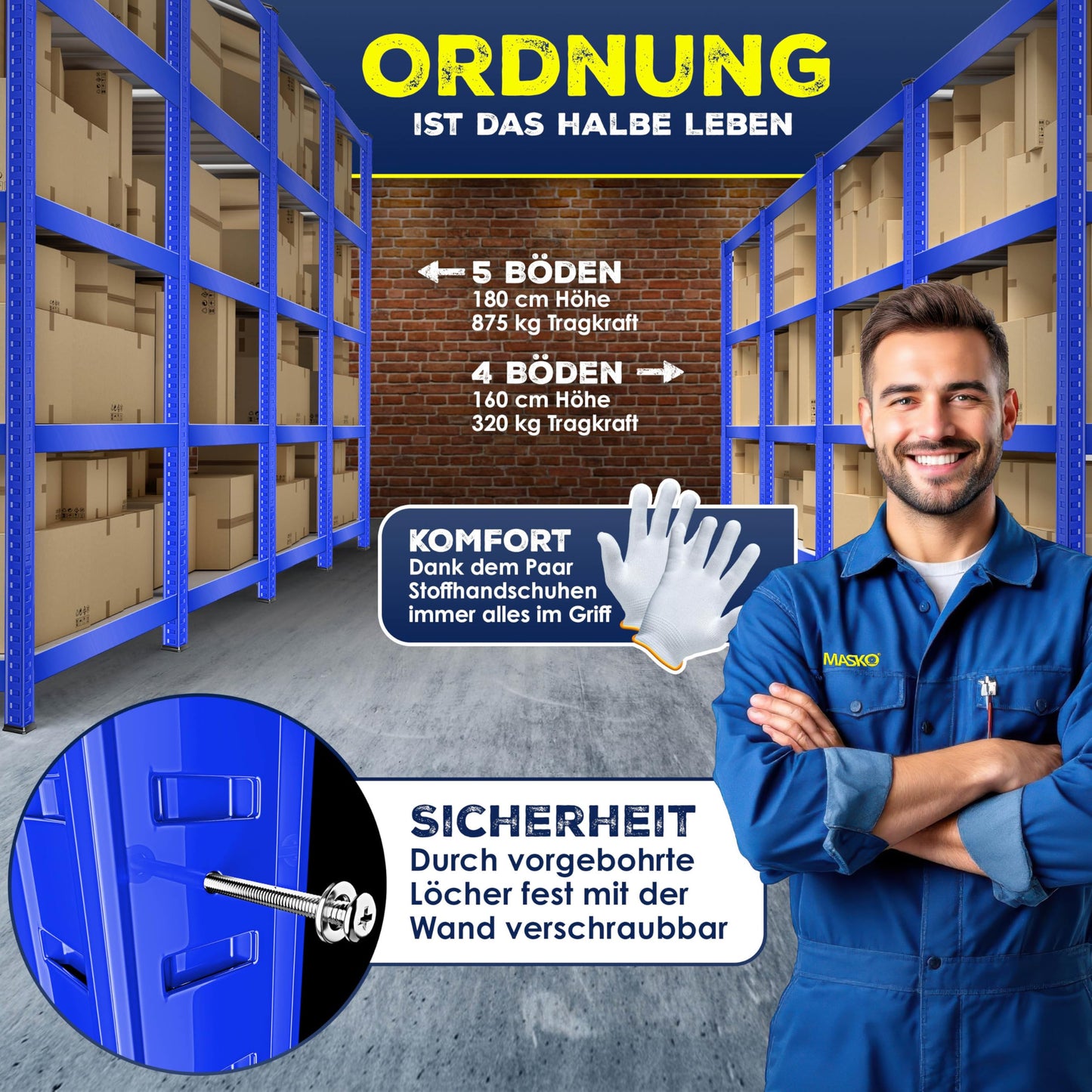 MASKO® Set of 2 Storage Shelves, Heavy Duty Shelves, Basement Shelves, 160 x 80 x 40 cm, Maximum Load 700 kg, 4 Adjustable Shelves, MDF Panels, Boltless Metal Shelf, Workshop, Basement, Garage, Black