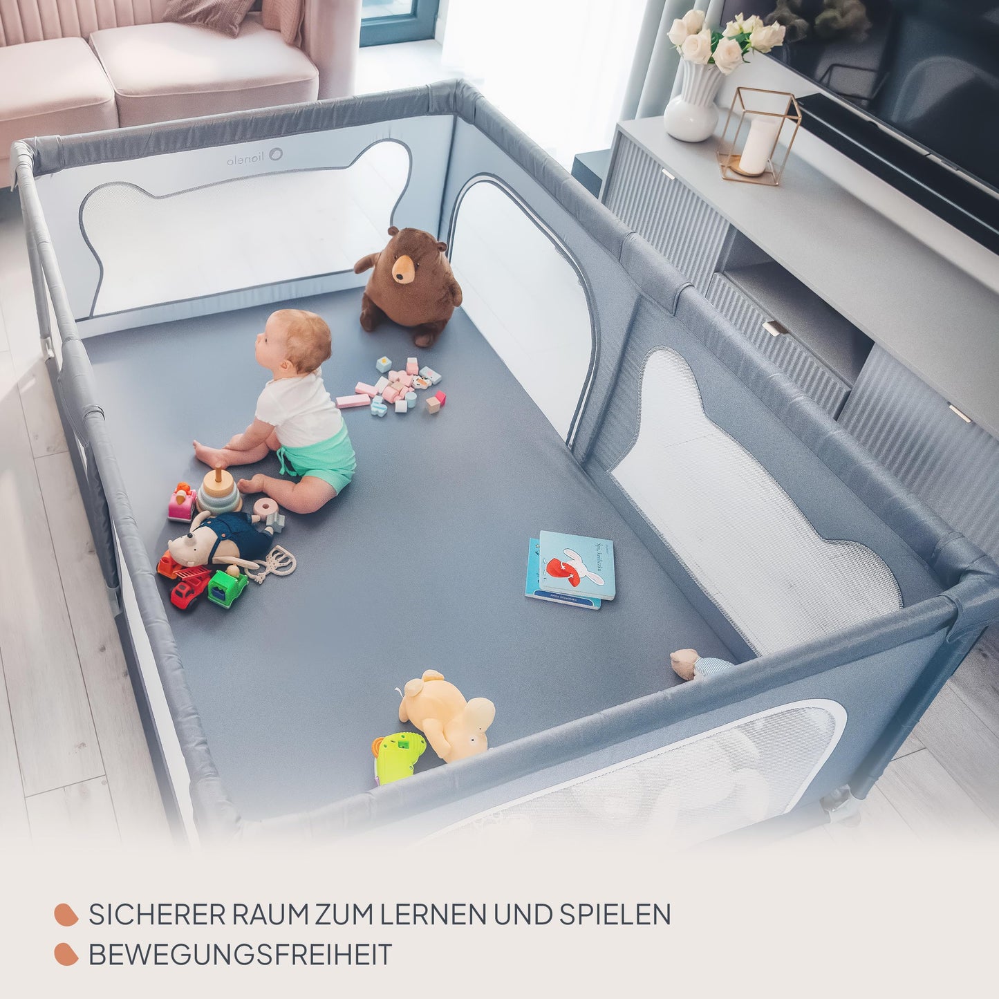 LIONELO WILLOW Baby Playpen from 0-48 Months Large Area 120 cm x 180 cm x 68 cm with Side Walls Made of Breathable, Durable Mesh Fabric, 2 Side Entrances with a Zip