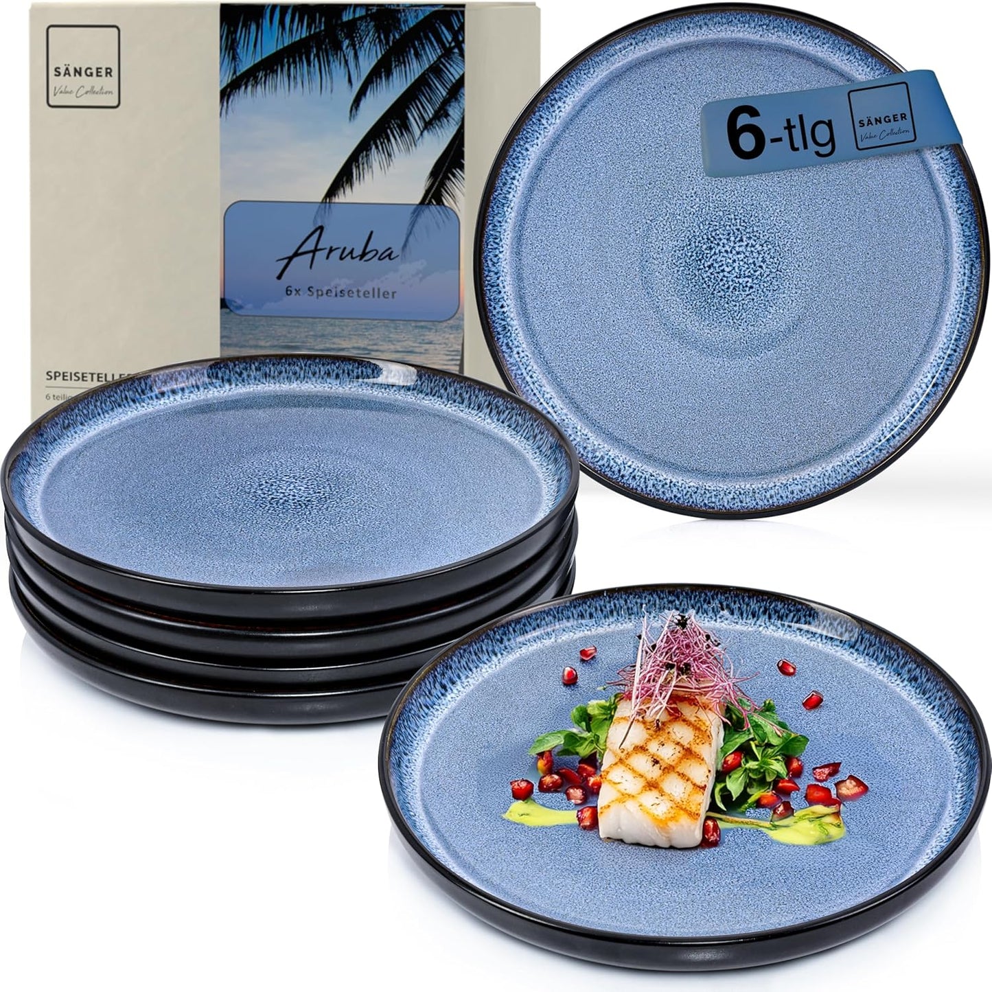 SÄNGER Manila Dinner Service for 6 People, Plate Set, Coffee Mug, Pasta Bowl, 30 Pieces, Stoneware Crockery Set, Dishwasher, Microwave, Scratch-Resistant, Blue with Black Rim, Value Collection