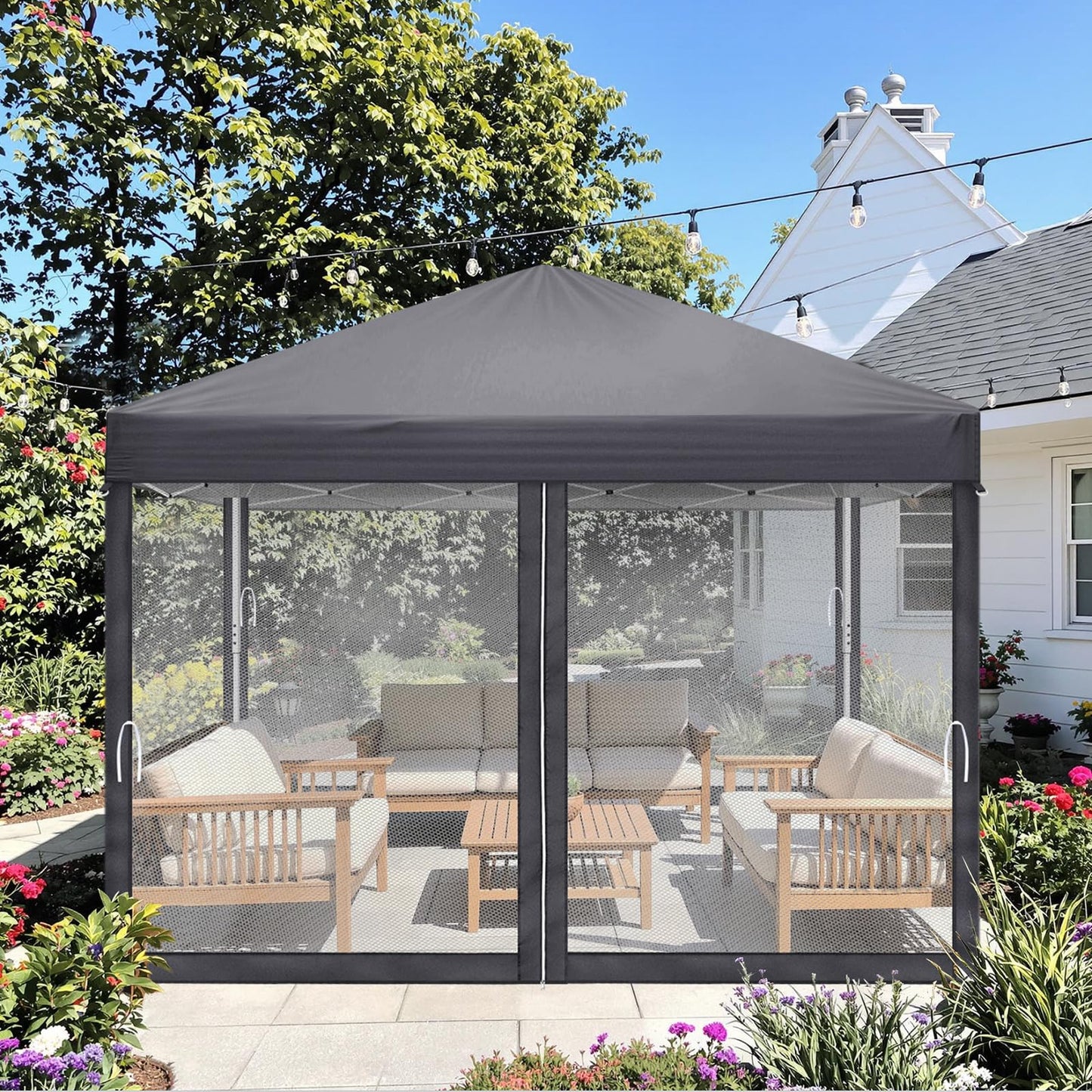 LEADZM Gazebo 3 x 3 m, Folding Gazebo, Waterproof, UV Protection 50+, Height Adjustable with 4 Mosquito Nets, Sturdy, Ideal for Garden, Patio, Camping and Commercial Use