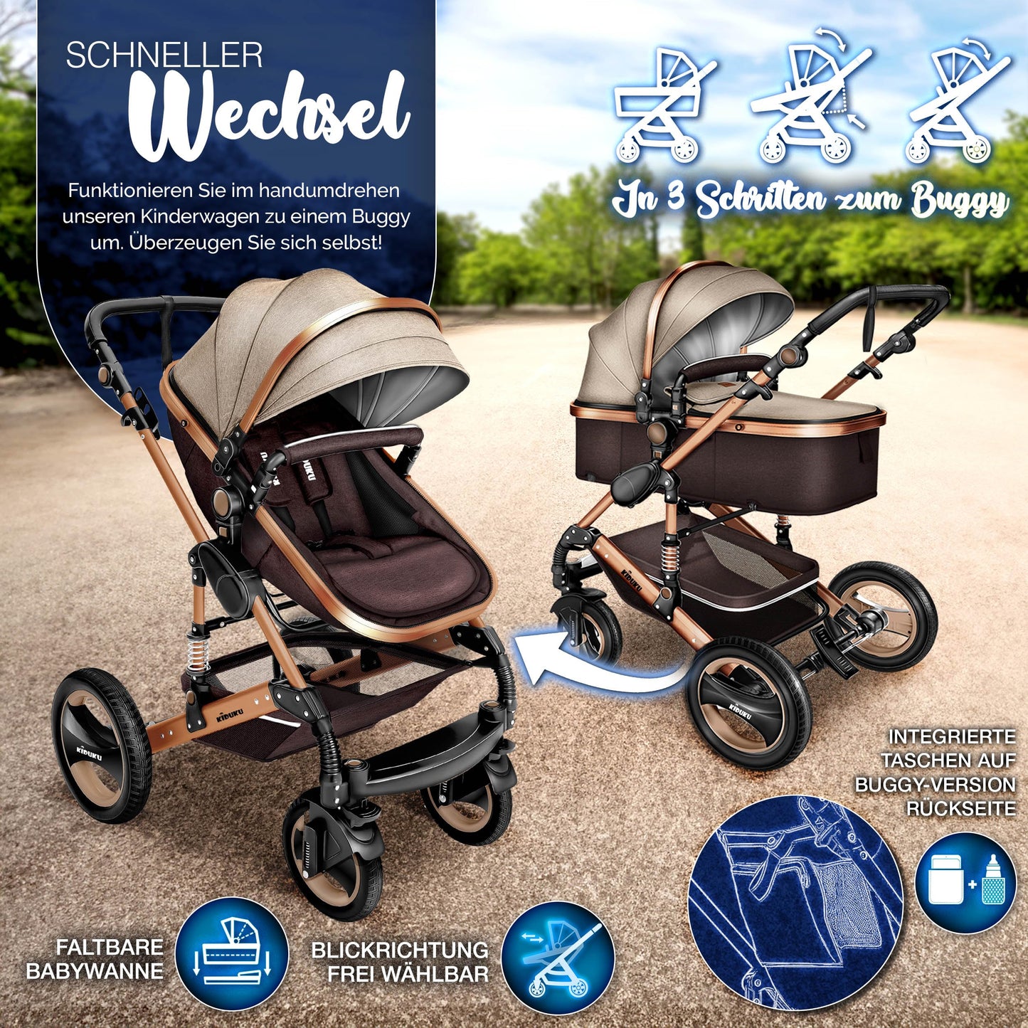 KIDUKU® 3-in-1 Complete Pram Set incl. Baby Carrycot, Buggy, Sports Seat & Car Seat, Footmuff, Solid Rubber Tyres, Changing Bag, Hand Warmer, Rain Cover, Children's Tray, ECE R129